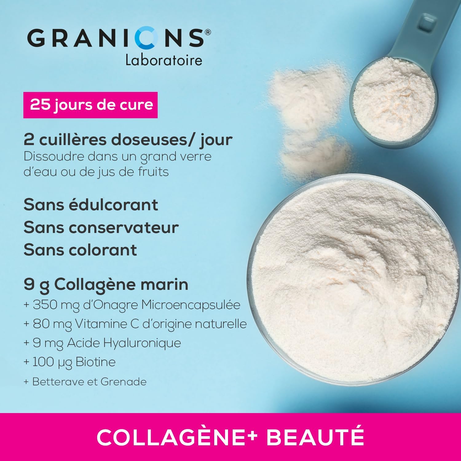 GRANIONS Collagen Marine + Beauty Collagen and Hyaluronic Acid, Biotin Hair, Vitamin C - Beauty Skin - Food Supplement for Hair - High Assimilation, Collagen Lemon Flavour - Powder 250 g - Image 8
