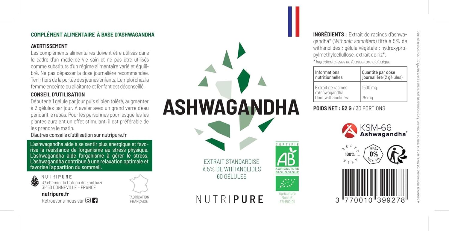 Nutripure | Ashwagandha Bio KSM66® | Adaptogenic Plant of Ayurveda | Vegan | Intellectual and Physical Wellness Supplement | Stress, Anxiety | 60 Capsules | 1 Month | Made in France - Image 6