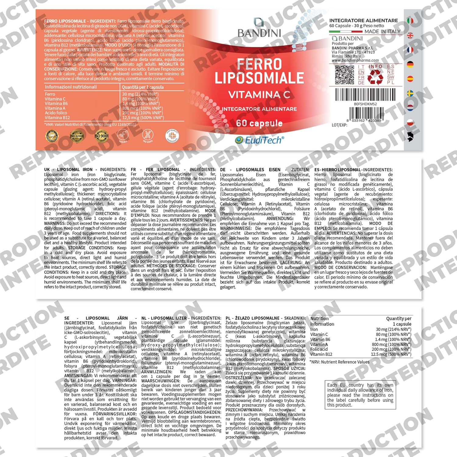 Bandini Liposomal Iron 30mg + Vitamin C, Folic Acid, Vitamins B12, B6 and A - Enhanced Assimilation, High Bioavailability, Anti-Fatigue Dietary Supplement - Liposomal Iron 60 Capsules - Image 6