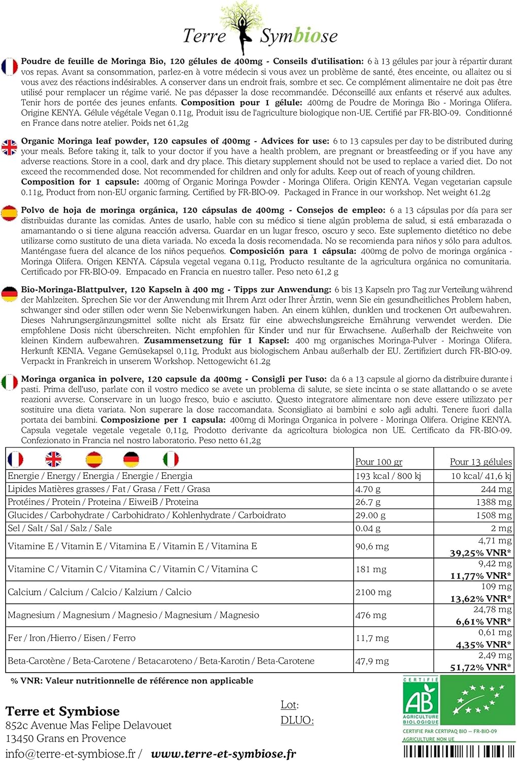 Moringa Organic - 120 capsules of 400mg - Energy - Image 4