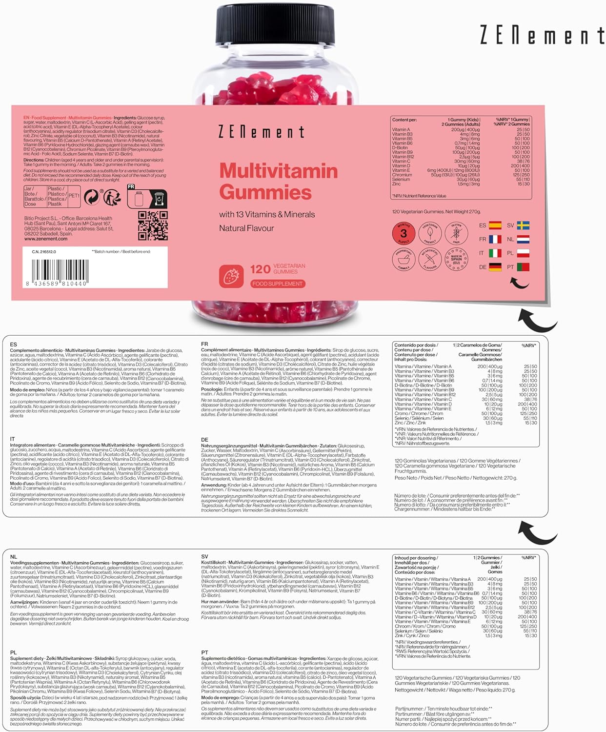 Multivitamin and Mineral Gums for Children and Adults, 120 Gummies | Natural Strawberry Taste | With 13 Vitamins and Minerals | Gelatin-Free, Vegetarian, Gluten Free | Zenement - Image 5