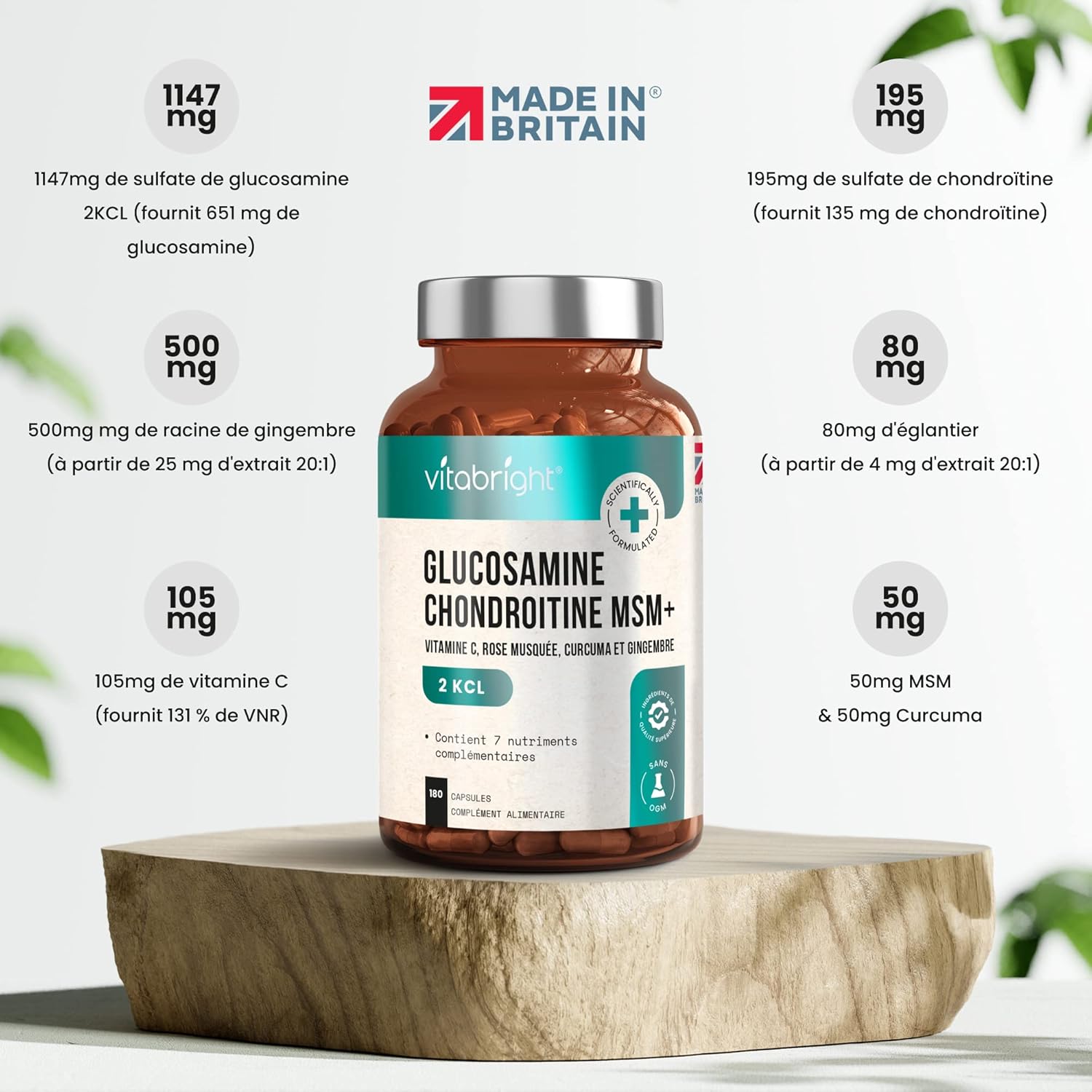 Glucosamine Chondroitin MSM, Capsules 180/3 Months, Joint Dietary Supplement of Chondrotoin and Glucosamine, MSM Powder, Turmeric, Vitamin C + Ginger, VitaBright Chondroitin Glucosamine - Image 5