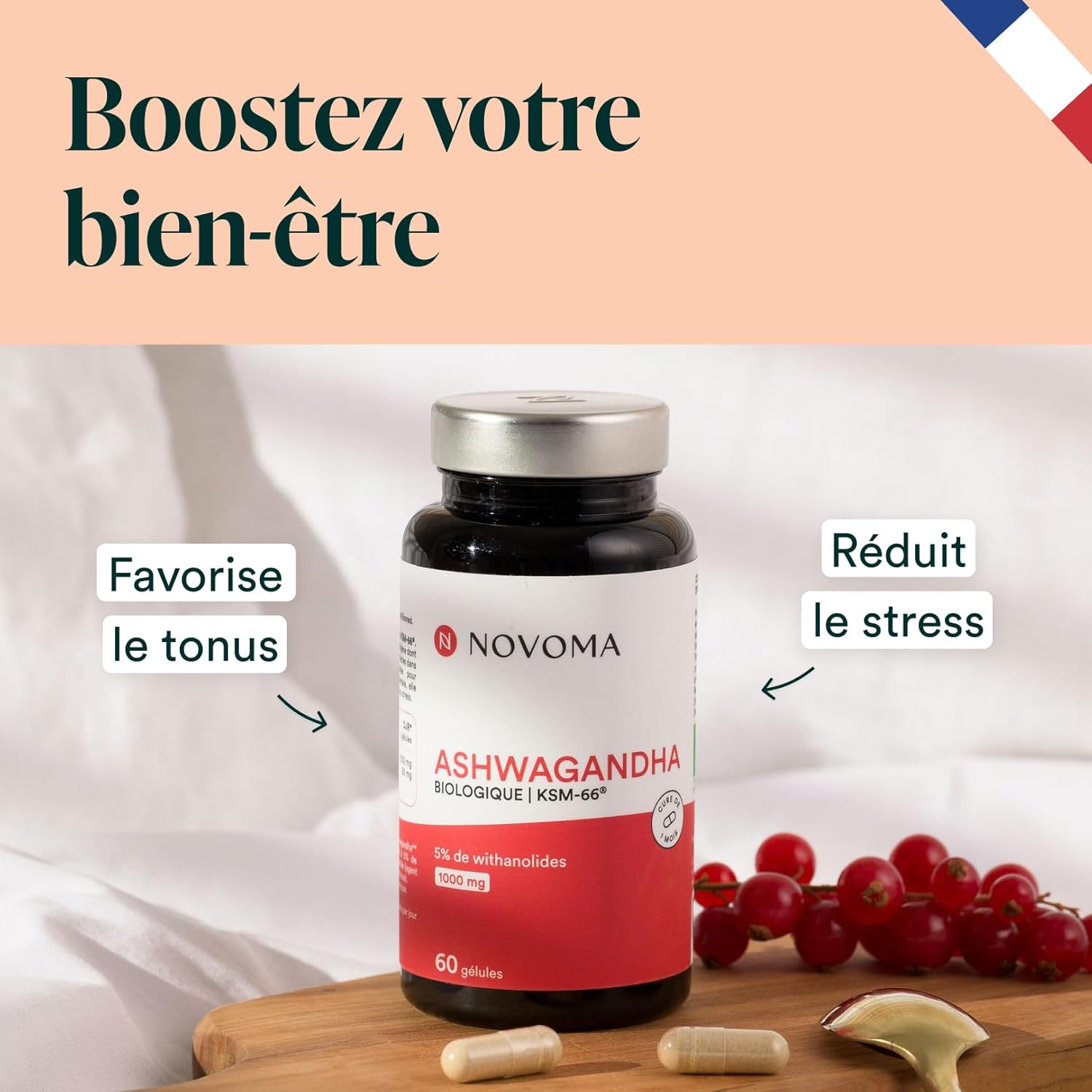NOVOMA Ashwagandha KSM-66® 1000 mg, Anti-Stress & Sleep, 5% Withanolides, 60 Vegan Capsules, Made in France - Image 3