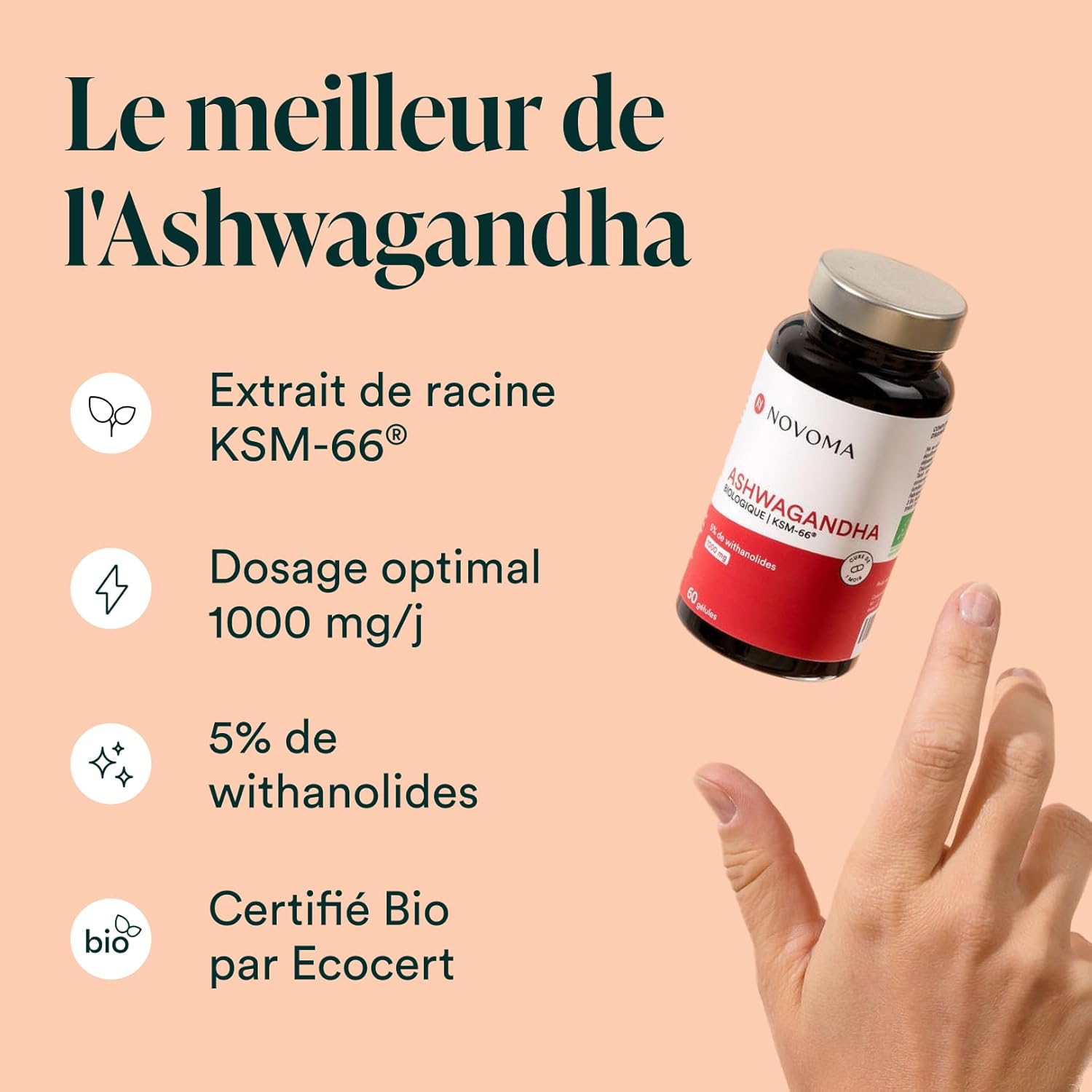 NOVOMA Ashwagandha KSM-66® 1000 mg, Anti-Stress & Sleep, 5% Withanolides, 60 Vegan Capsules, Made in France - Image 4
