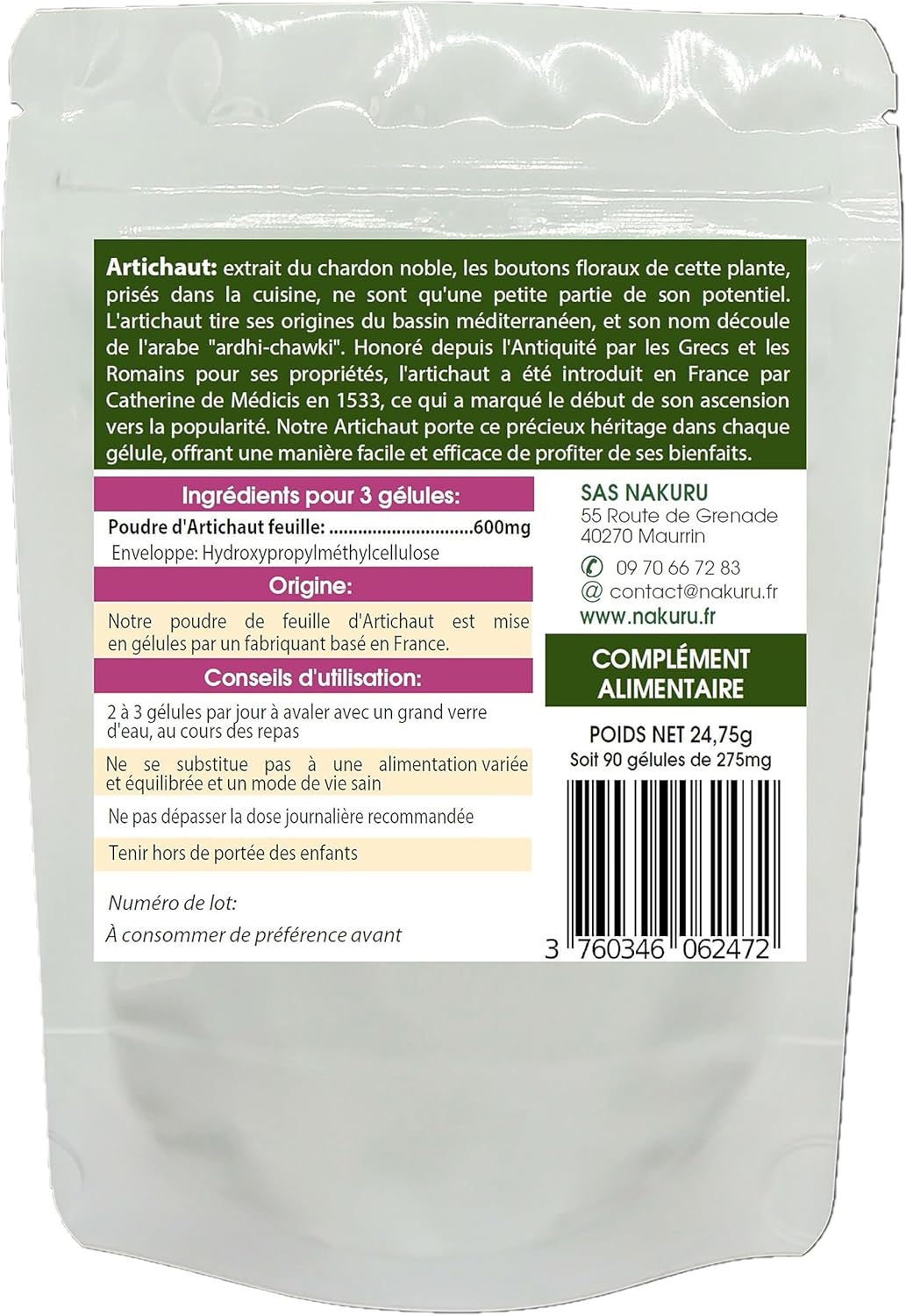 NAKURU | Artichoke | Balance Range | Made in France (90 Vegetable Capsules of 275mg / Net Weight: 24.5g) - Image 3