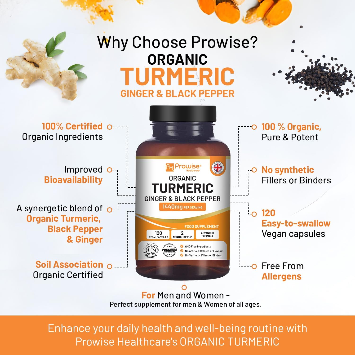 Turmeric Curcumin 1440mg with Black Pepper & Ginger I 120 High Strength Vegan Turmeric Capsules (2 Month Supply) I Made in the UK by Prowise Healthcare - Image 6