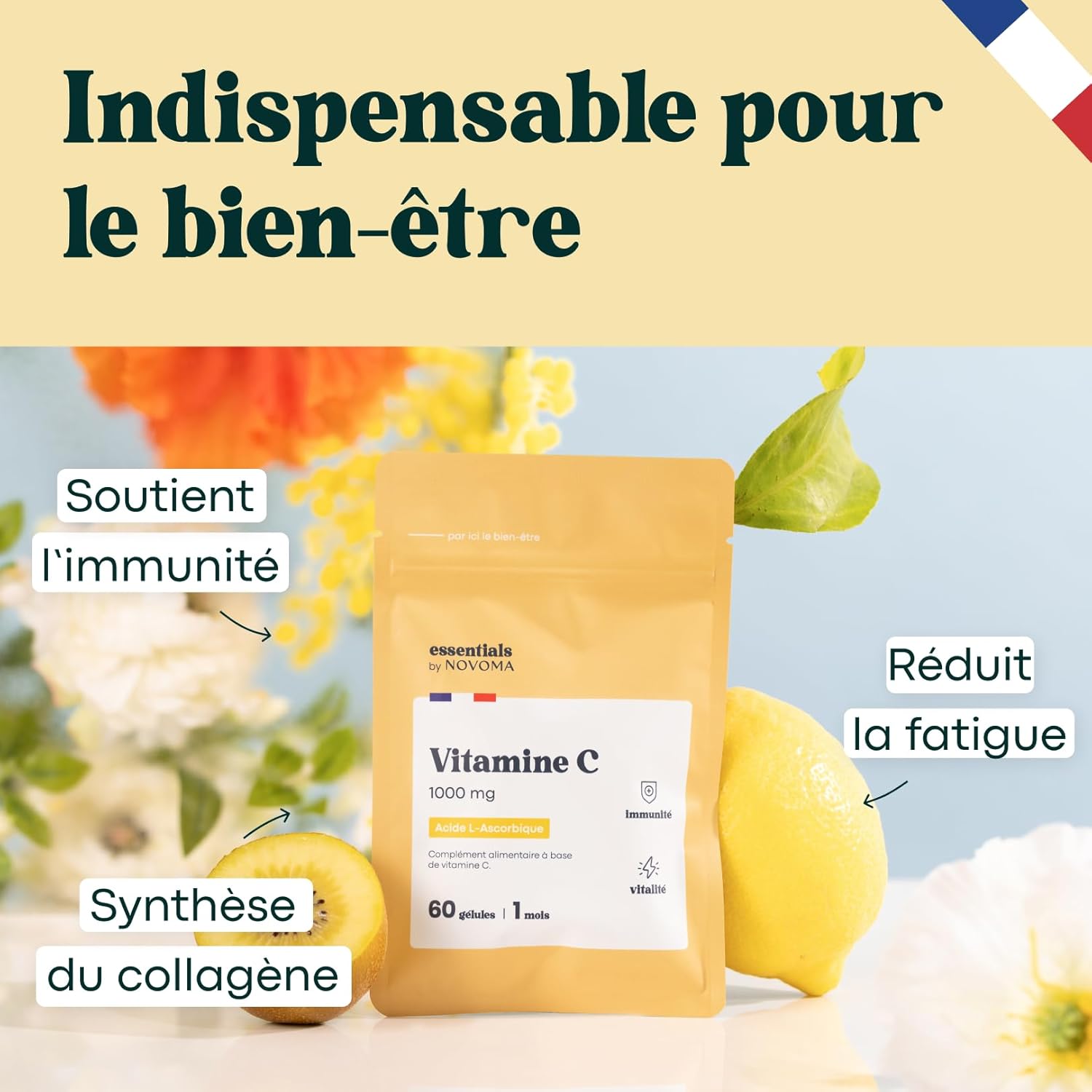 Vitamin C 1000mg, Reduces Fatigue and Supports the Immune System, 1 Month Cure, 60 Vegetable Capsules, 100% Pure Ascorbic Acid, Made in France, Essentials by Novoma - Image 3