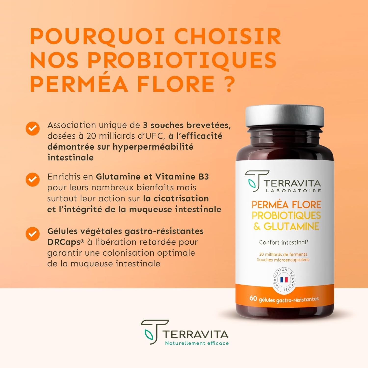 Permea Flora | Probiotics + GLUTAMINE | Intestinal Flora and Healing of the Mucosa | Ideal Against Intestinal Permeability | 60 Gastro-Resistant Capsules | Made in France Terravita - Image 6