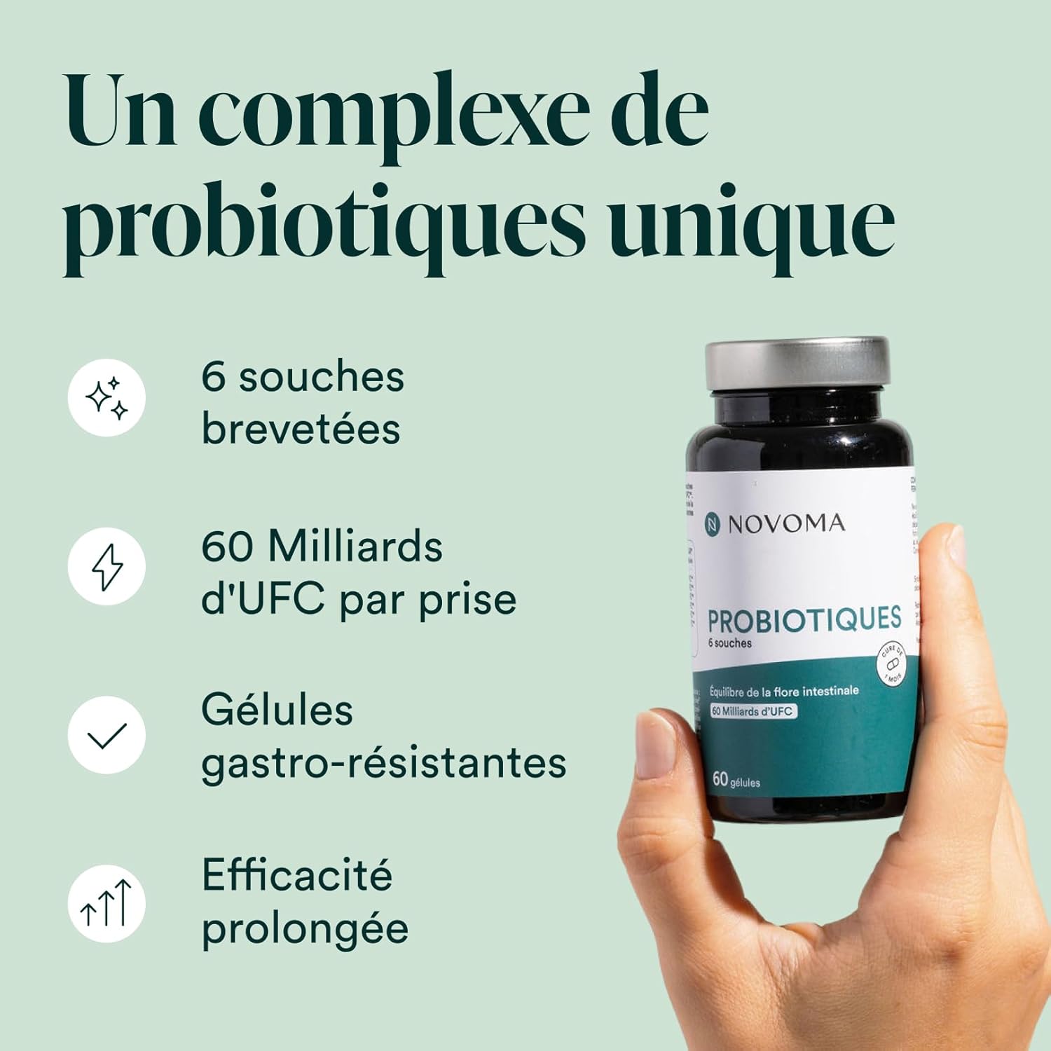 NOVOMA Probiotics, Complex for the Intestinal Flora, 60 Billion CFU/Day, 6 Natural Strains, Lactic Ferments, 60 Vegan Gastro-Resistant Capsules, Made in France - Image 4