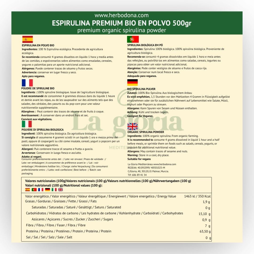 Organic Spirulina Powder, 100% Pure Natural Superfood Rich in Protein, Iron and Chlorophyll. Vegan & No Additives - La Gloria Mediterránea (500g) - Image 5