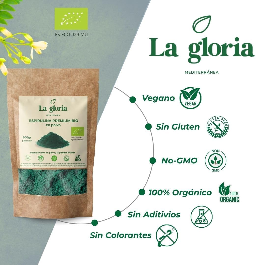 Organic Spirulina Powder, 100% Pure Natural Superfood Rich in Protein, Iron and Chlorophyll. Vegan & No Additives - La Gloria Mediterránea (500g) - Image 7