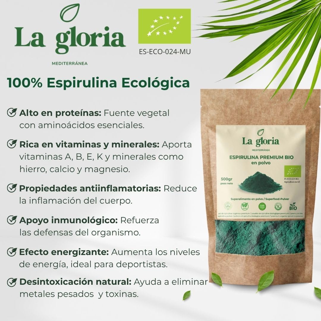 Organic Spirulina Powder, 100% Pure Natural Superfood Rich in Protein, Iron and Chlorophyll. Vegan & No Additives - La Gloria Mediterránea (500g) - Image 8