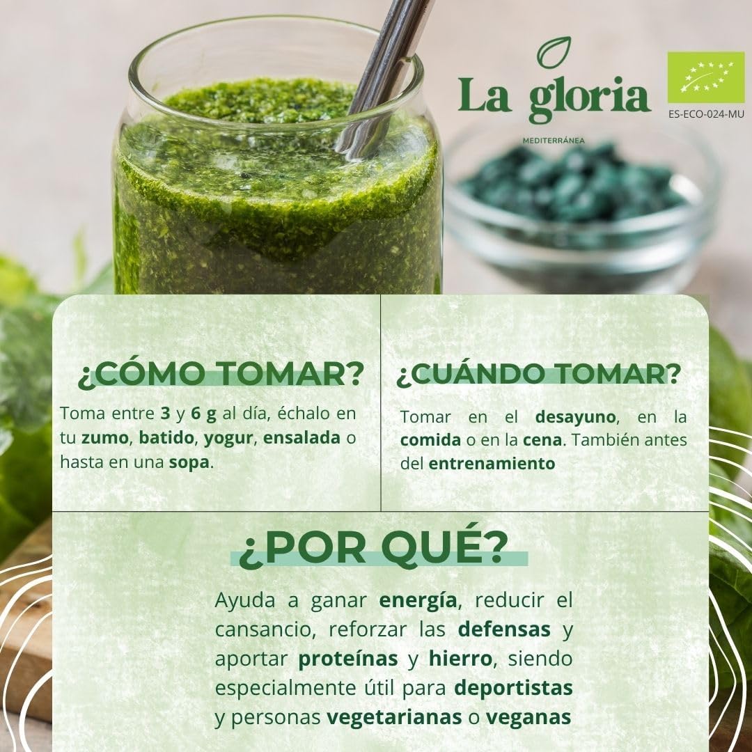 Organic Spirulina Powder, 100% Pure Natural Superfood Rich in Protein, Iron and Chlorophyll. Vegan & No Additives - La Gloria Mediterránea (500g) - Image 9
