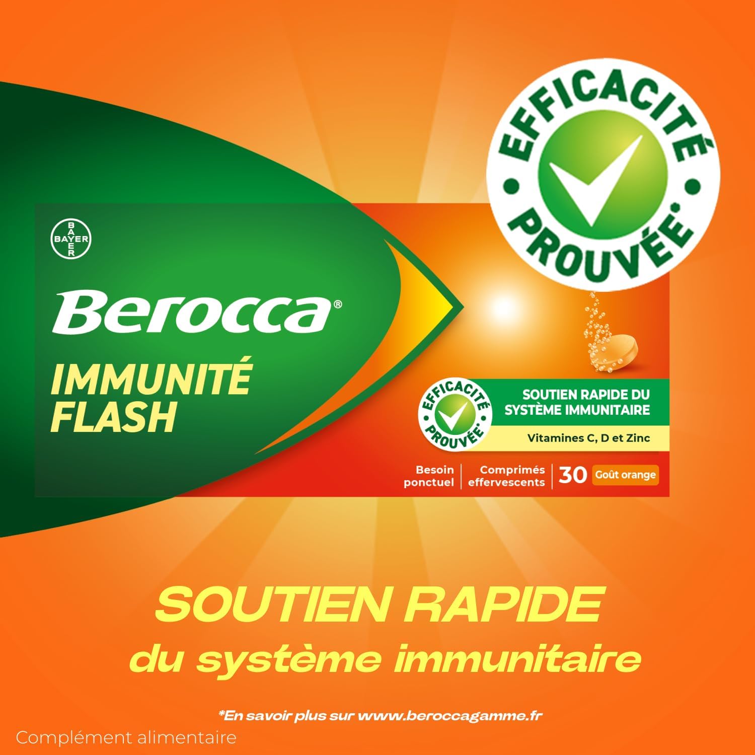 Berocca Flash Immunity - Immune System Support - Food Supplement Immunity - Zinc, Vitamin D & C - Multivitamins and Minerals - Orange Taste - Maxi Format 60 Effervescent Tablets - Image 3