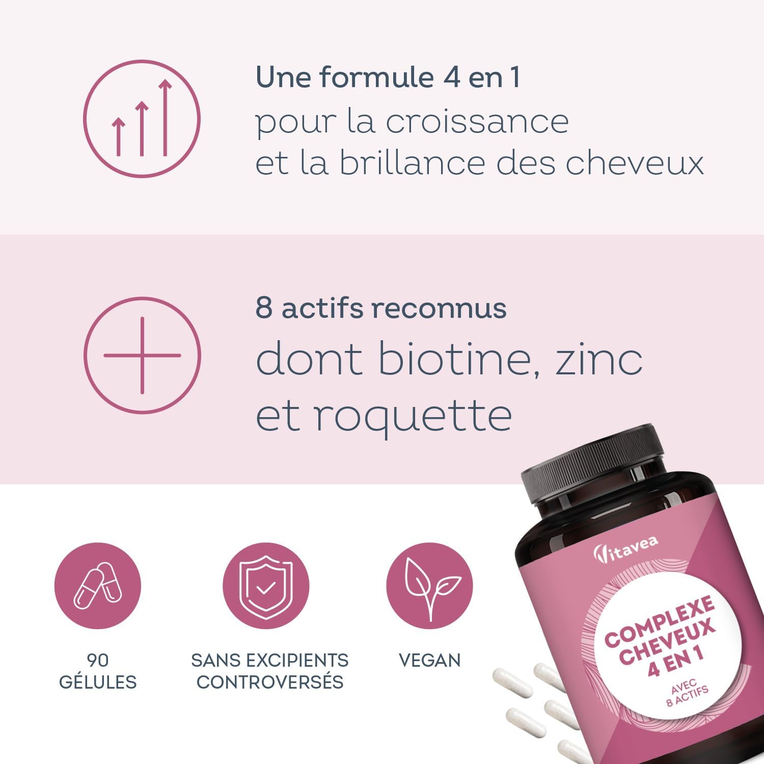 4-in-1 Hair Complex with Biotin - Hair Growth, Hair Loss, Shine, Strength - 8 Active Ingredients Including Zinc and Arugula - 90 Capsules - Vegan, Made in France Vitavea - Image 3