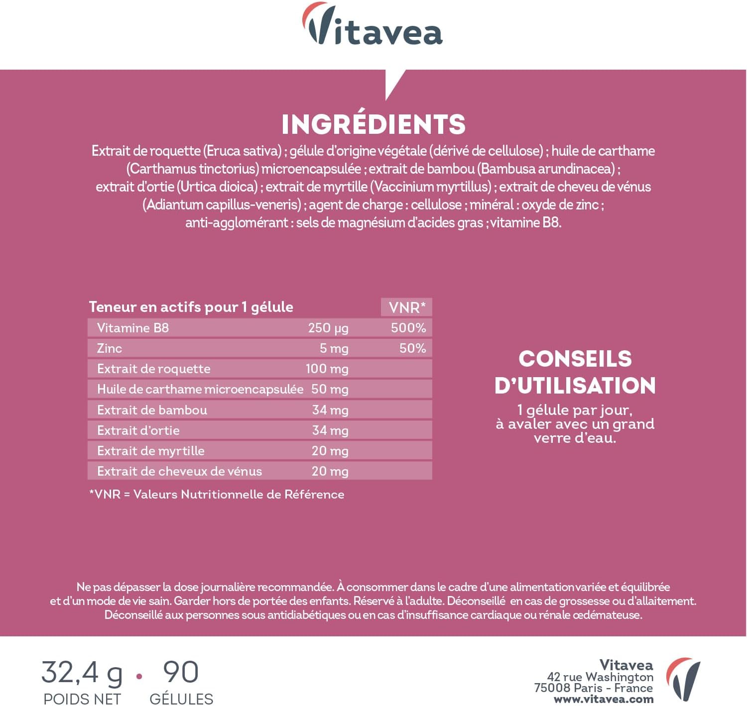 4-in-1 Hair Complex with Biotin - Hair Growth, Hair Loss, Shine, Strength - 8 Active Ingredients Including Zinc and Arugula - 90 Capsules - Vegan, Made in France Vitavea - Image 8