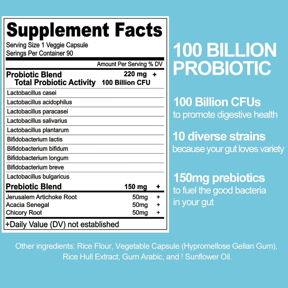 100 Billion KBE Probiotics - 10 Strains + Bio-Prebiotics for Immune, Digestive and Gut Health - Supports Diarrhea, Constipation, Bloating - for Women and - Image 7