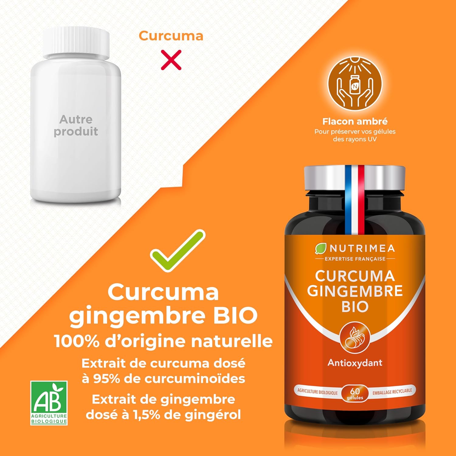 Turmeric - Organic Turmeric Extract 95% Titled in Curcuminoids - With Organic Ginger - Anti Inflammatory & Antioxidant - Joint Pain - Nutrimea - 60 Vegan Capsules - Made in France - Image 4