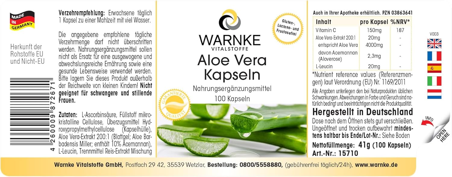 Aloe vera capsules - vegan & highly dosed - aloe vera extract 200:1 - corresponds to 4000mg aloe vera - 100 capsules | Warnke Vitalstoffe - Quality from German pharmacies - Image 3