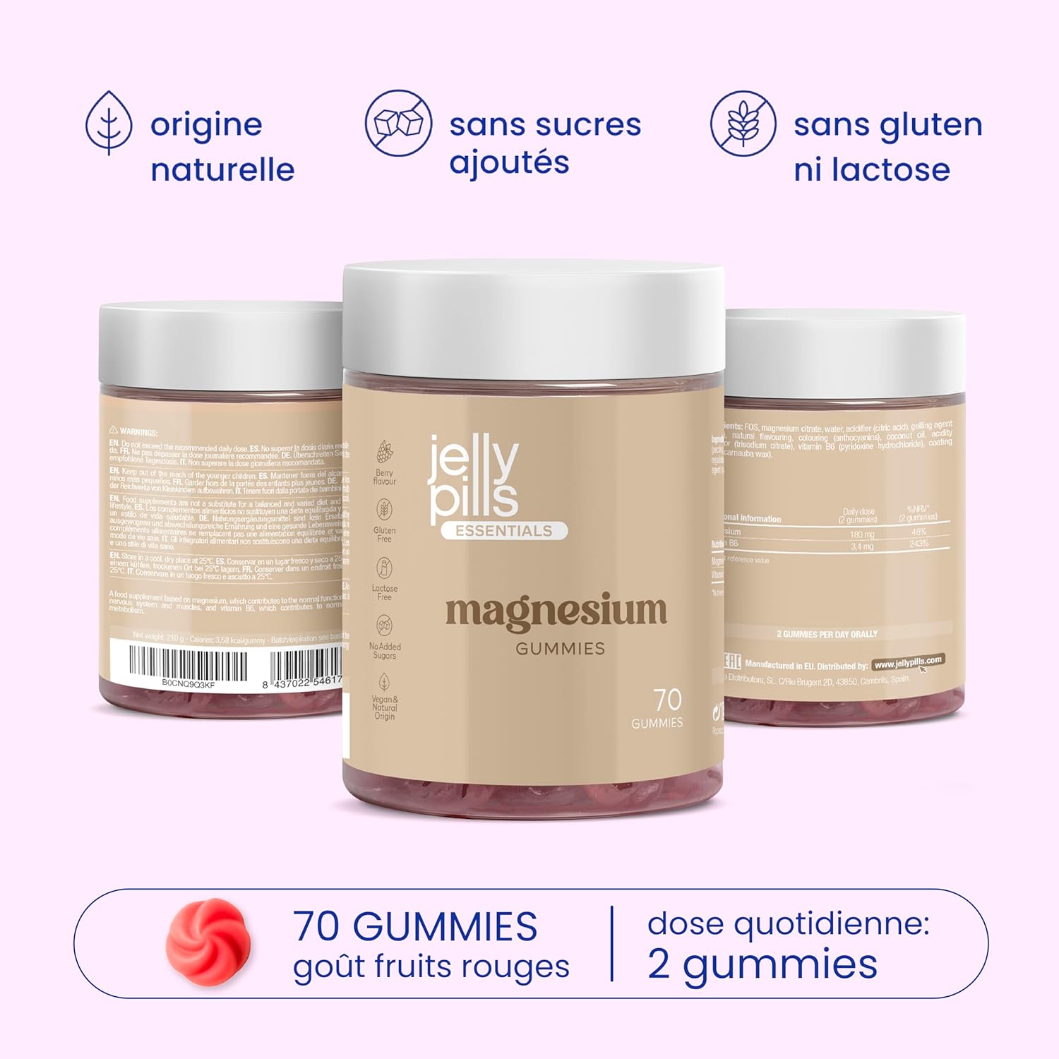 Jelly Pills Gummies Magnesium 180 mg + Vitamin B6 - 70 Vegan Gummies - No Added Sugars - Red Fruit Taste - Reduce Fatigue & Burnout - Image 3