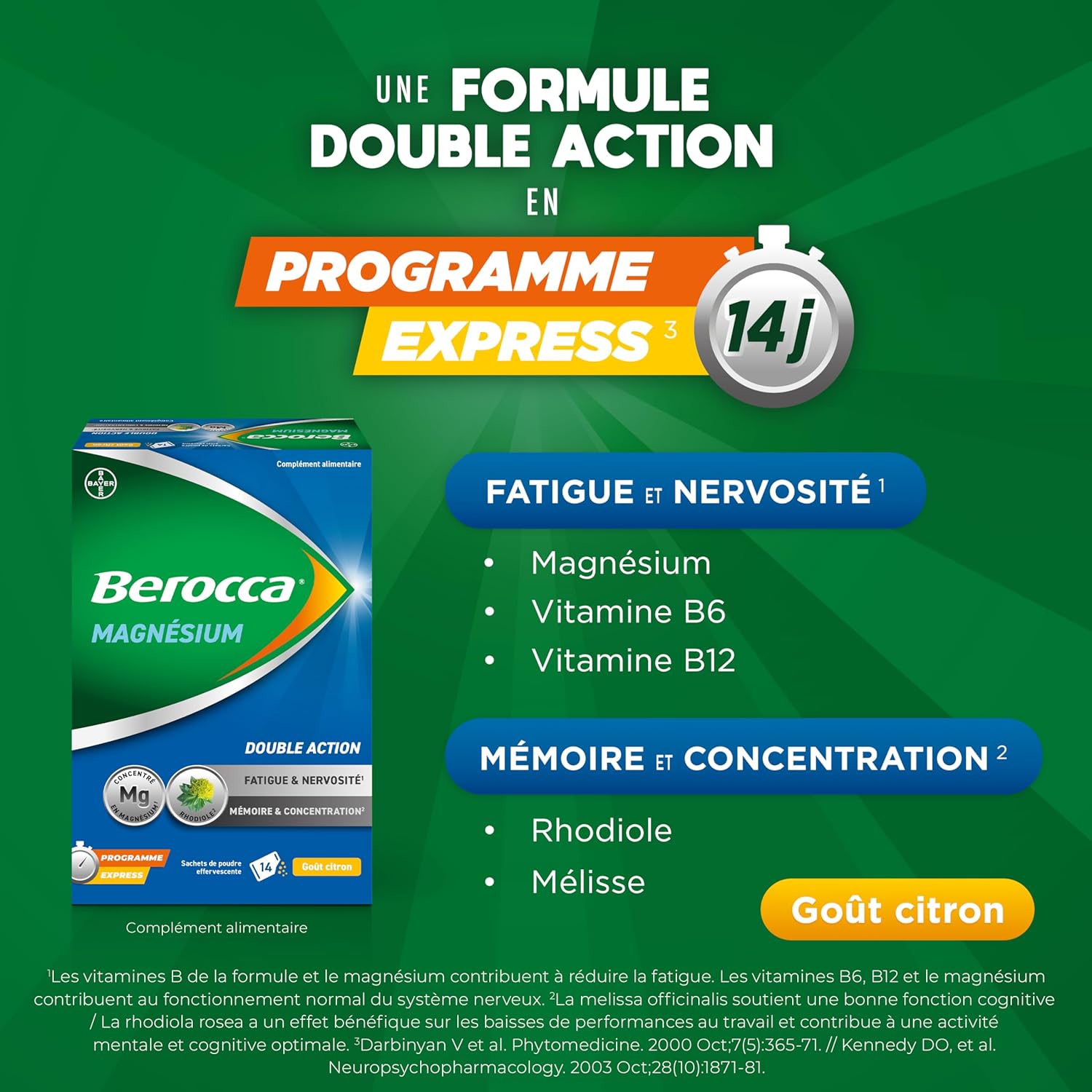 Berocca® Magnesium - Bicabonate and Magnesium Citrate, Vitamins B6, B12 Rhodiole, Melissa - Dual Action - Fatigue & Nervousness, Memory & Concentration - 14 Bags - Image 3