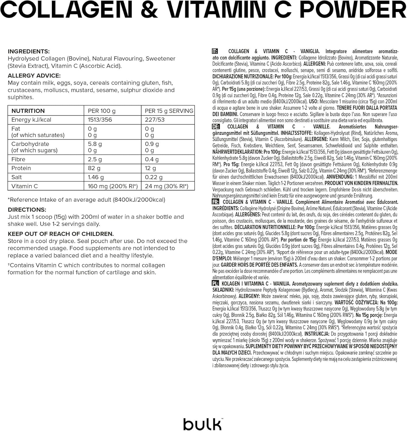 Bulk Collagen & Vitamin C Powder, 12,000mg Per Serving, Hydrolyzed Collagen Peptides, Type 1 & Type 3, Collagen Peptides, Vanilla, 500g - Image 8