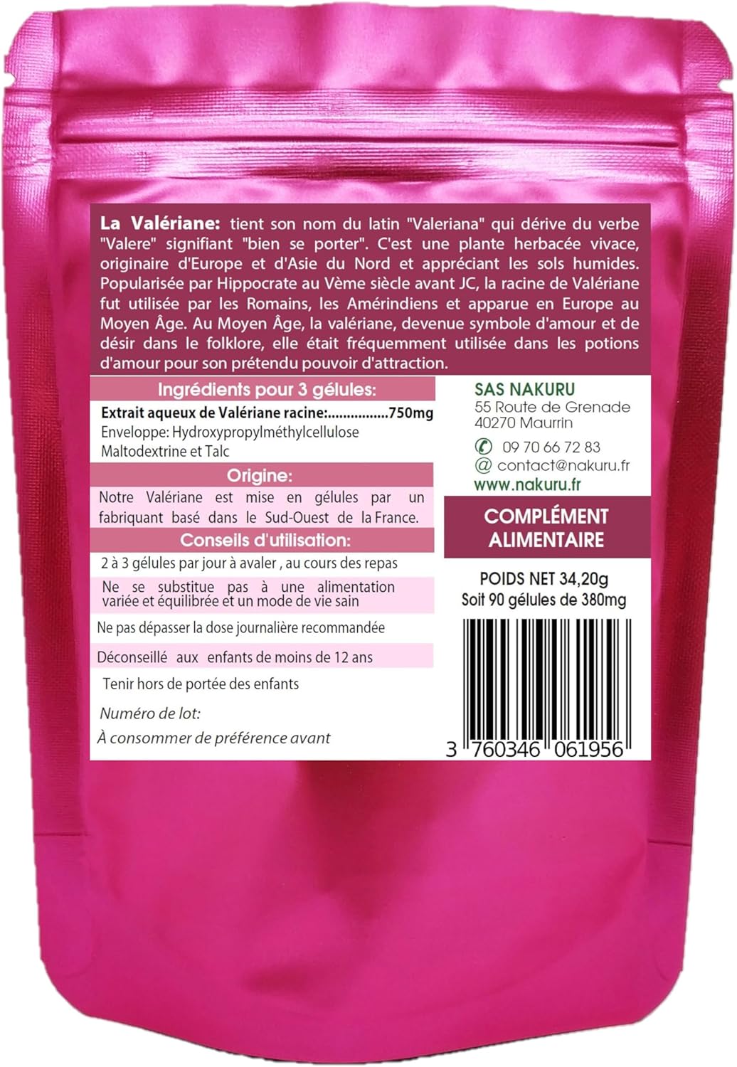 NAKURU | Valerian | Relax Range | Made in France | "L'Herbe de Saint-Georges!" (90 Vegetable Capsules of 380mg/Net Weight: 34g) - Image 3