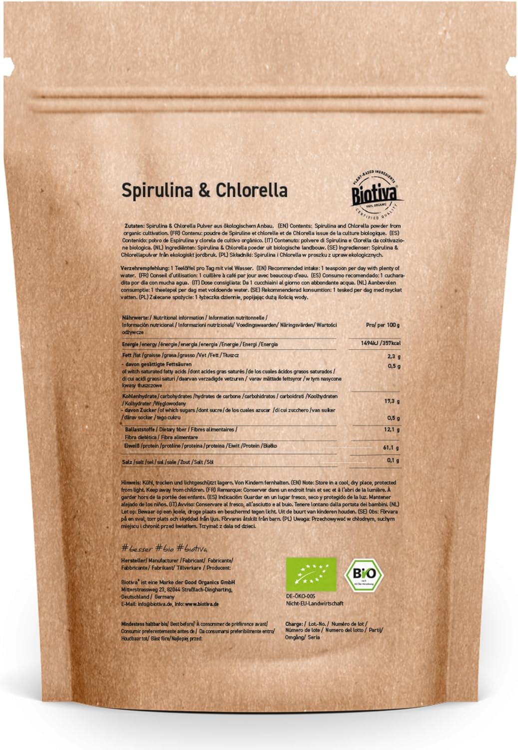 Organic Chlorella and Spirulina Powder 500g - Seaweed - Vegan - Chlorella Vulgaris - Packaged and controlled in Germany - Biotiva - Image 7