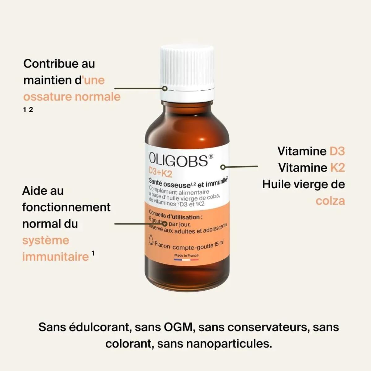Oligobs D3+K2 | Food Supplement Vitamin D3 + K2 Vegetable | 15 ml Bottle | Immunity and Bone Health | Vegetable D3 from Lichen + K2 MK-7 | No Additives | Vegan | Made in France - Image 4