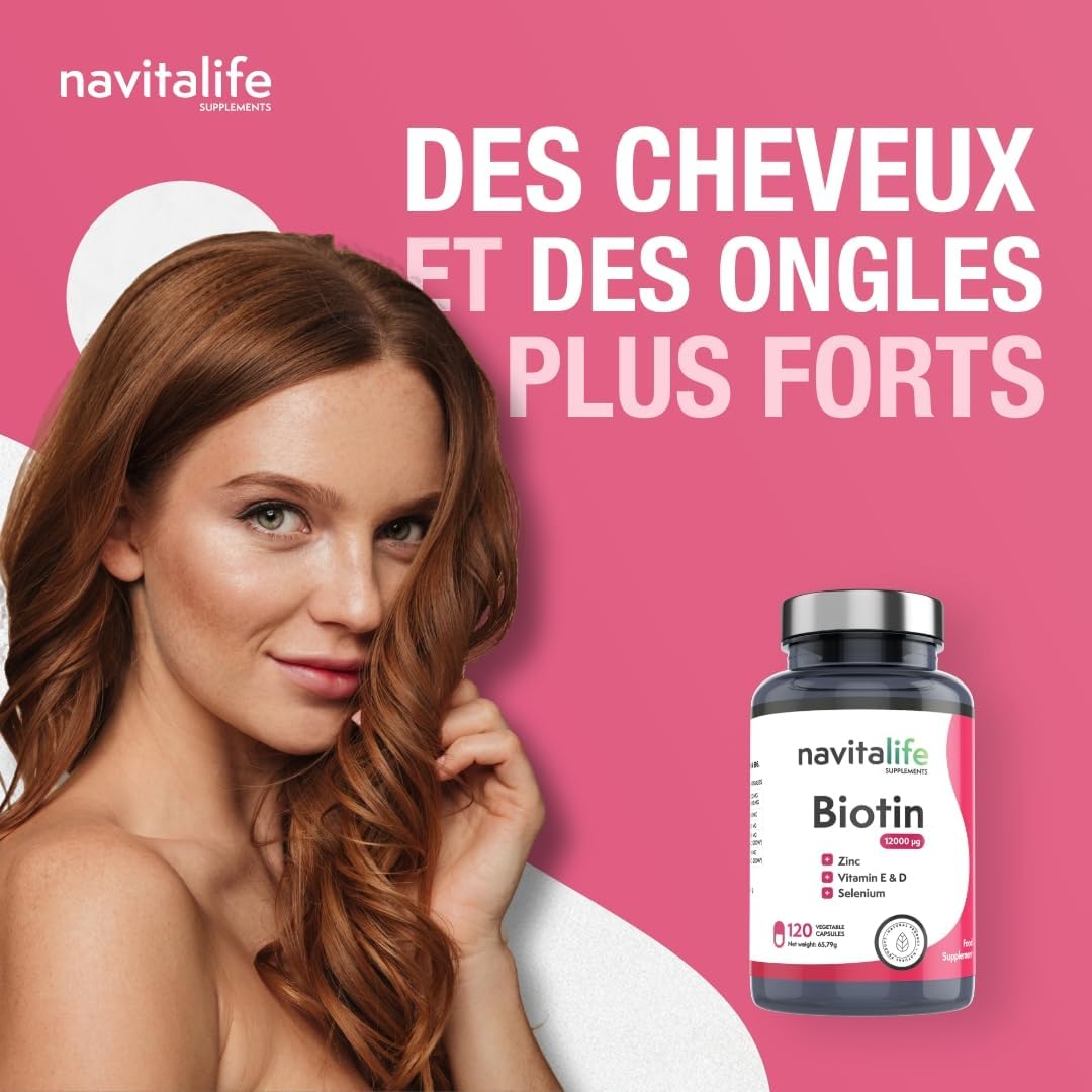 Biotin Hair 12,000 mcg | Promotes Growth and Strengthens Your Hair, Improves Nails and Skin Quality | With Selenium, Zinc, Vitamins E and D | 4 Month Cure – 120 Capsules - Image 3