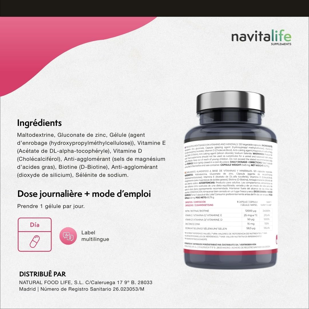 Biotin Hair 12,000 mcg | Promotes Growth and Strengthens Your Hair, Improves Nails and Skin Quality | With Selenium, Zinc, Vitamins E and D | 4 Month Cure – 120 Capsules - Image 8