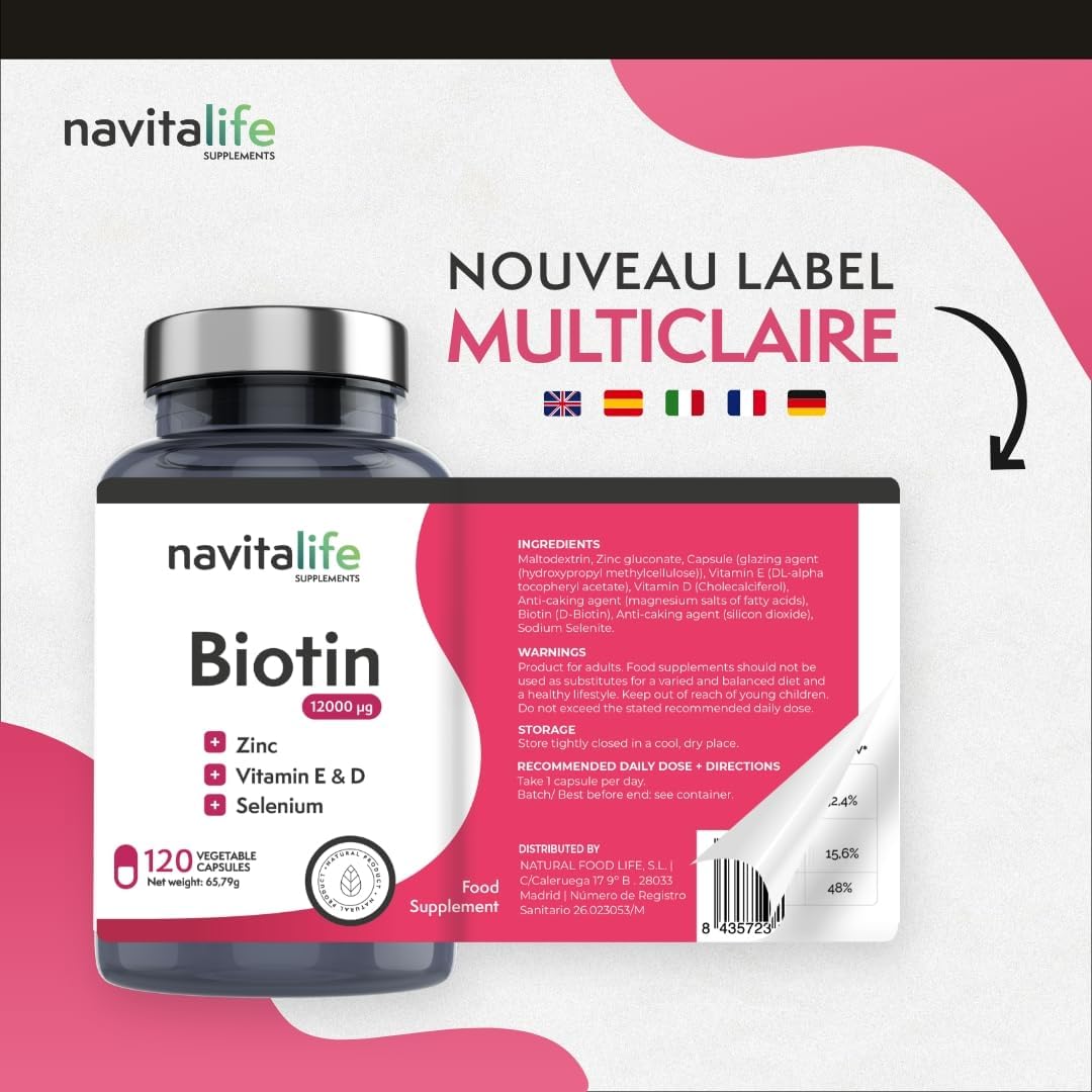 Biotin Hair 12,000 mcg | Promotes Growth and Strengthens Your Hair, Improves Nails and Skin Quality | With Selenium, Zinc, Vitamins E and D | 4 Month Cure – 120 Capsules - Image 10