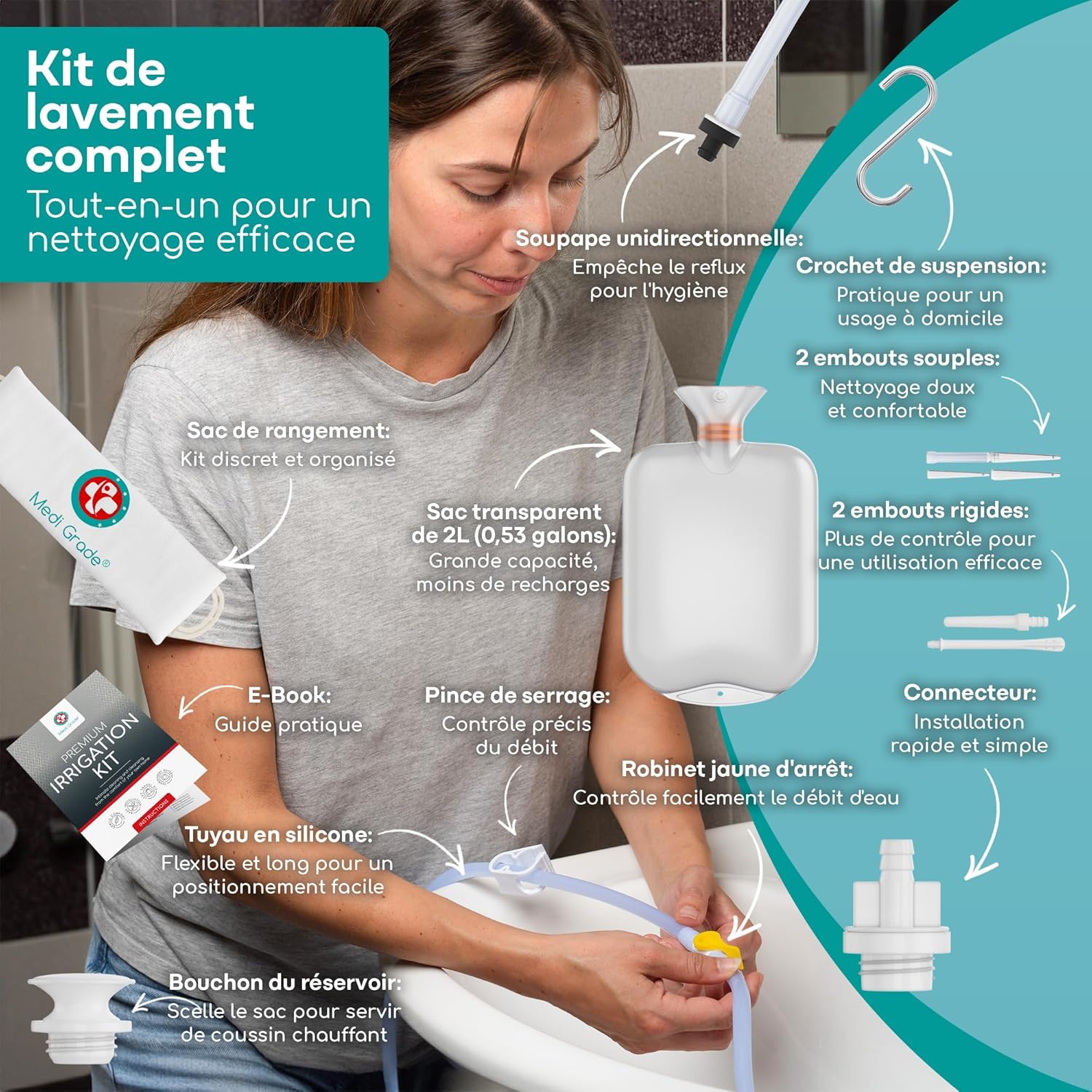 Medi Grade Home Quality Intestinal Enema Kit - Colon Enema Kit - Enema Kit Includes Reusable Enema Pouch Accessories Instructions Carry Bag - Image 3