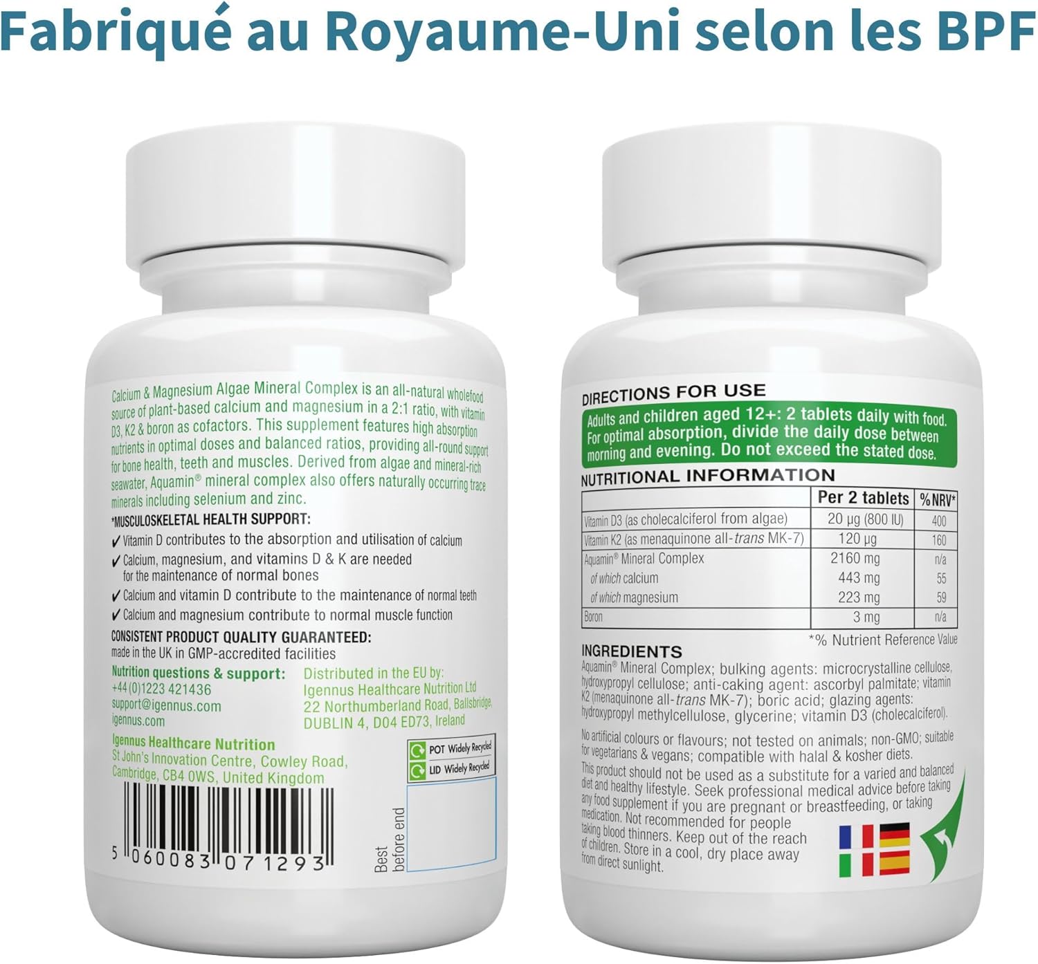 Calcium & Marine Magnesium - Mineral Complex with Vitamin D3, K2 and Bore, for Bone Health, 100% Vegan, No Additives, 60 Tablets - by Igennus - Image 9