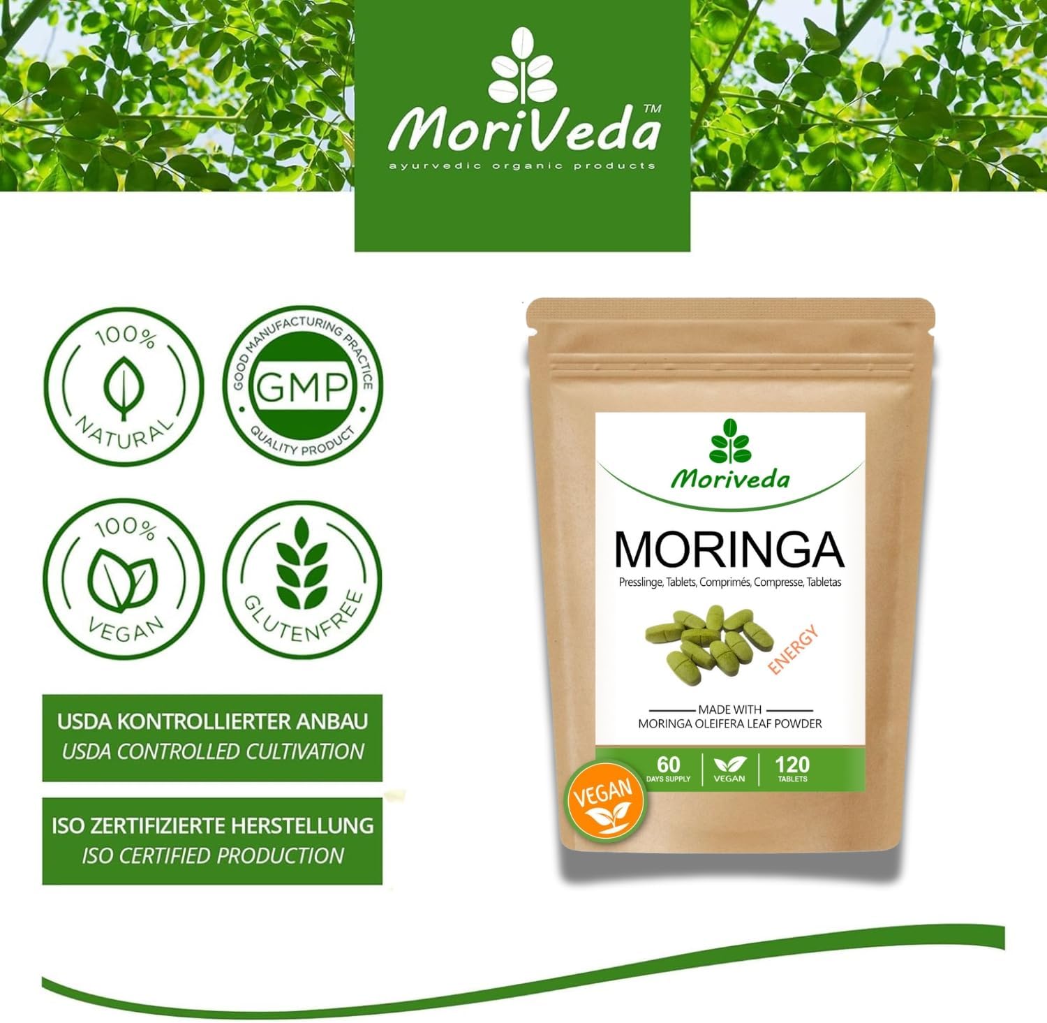Moringa Energy Tablets 3800mg -180 Days Supply - Moringa High Dose Vitamins Protein Amino Acid Best Quality Ayurveda -Vegan & Gluten Free-by MoriVeda-360 Tablets - Image 4