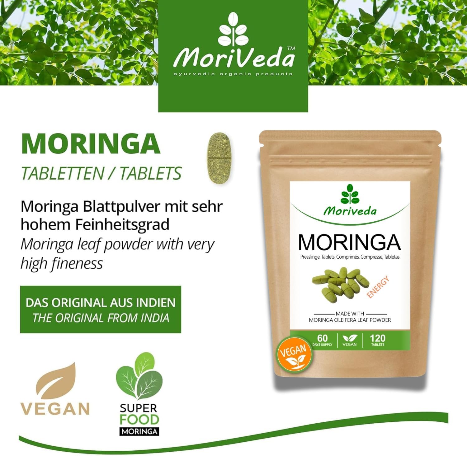 Moringa Energy Tablets 3800mg -180 Days Supply - Moringa High Dose Vitamins Protein Amino Acid Best Quality Ayurveda -Vegan & Gluten Free-by MoriVeda-360 Tablets - Image 8