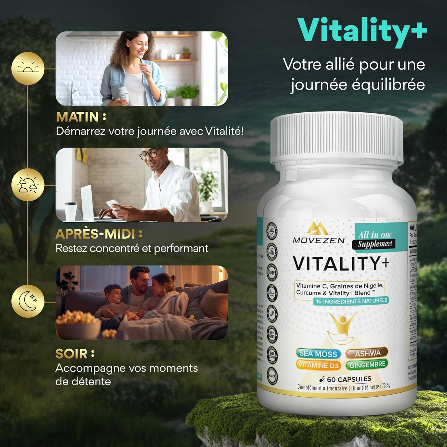 VITALITY + 16-in-1 Anti-Stress Multivitamin, Sea Moss, Ashwagandha & Turmeric, Vitamins C & D, Energy, Fatigue Reduction, Immunity & Mental Wellness, 60 Vegan Softgels - Image 4