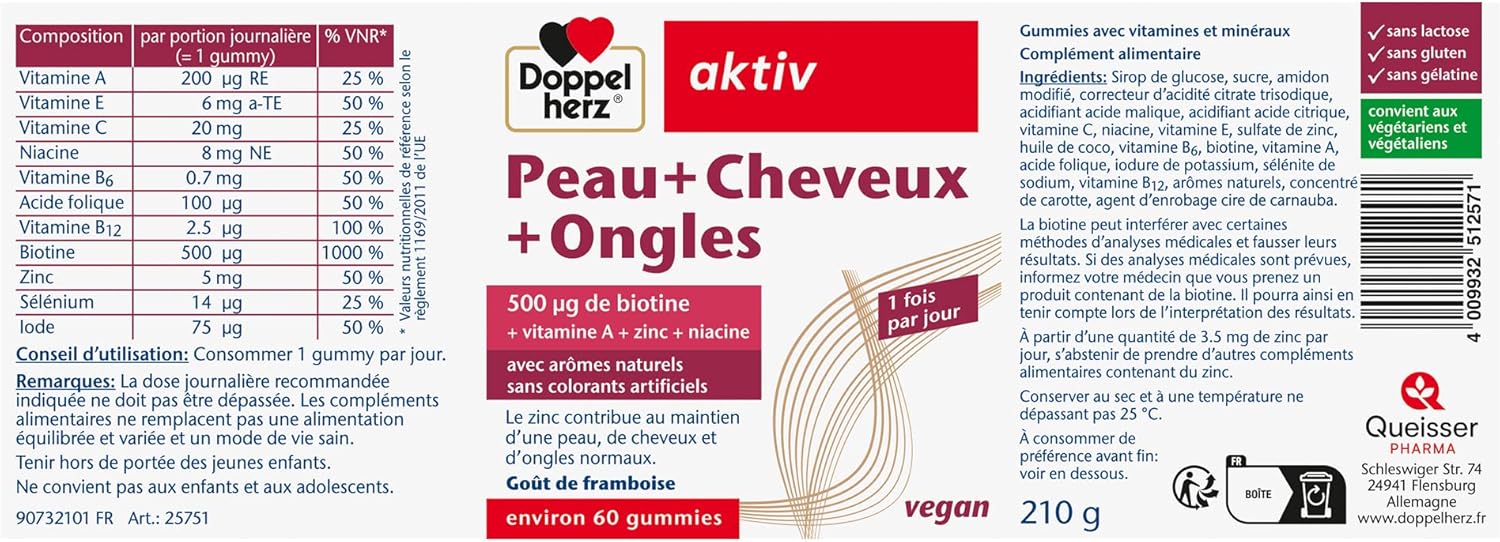 Doppelherz Skin+Nails+Hair - Vegan Chewing Gummies - With Zinc, Biotin, Vitamins A, C, E & B6-60 Gummies - Image 9