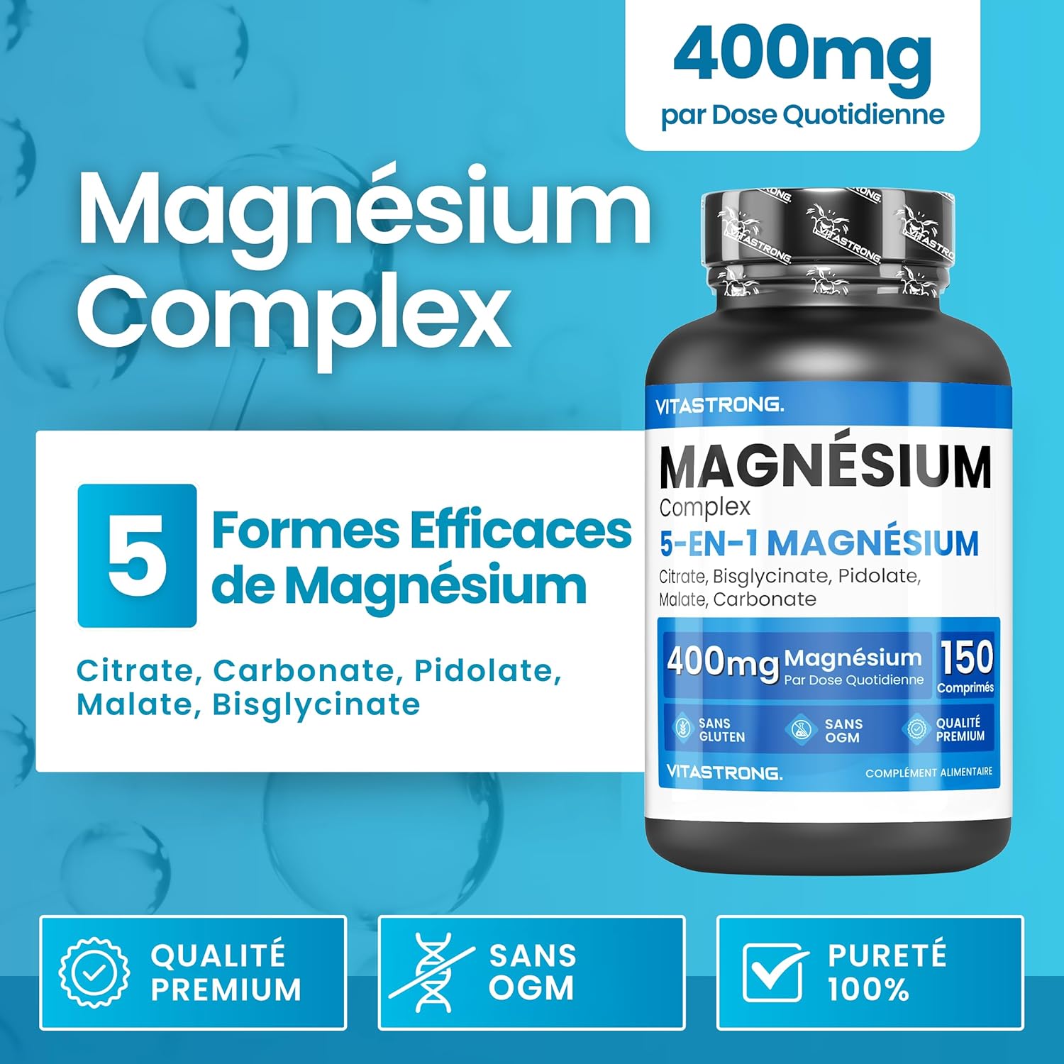 Magnesium Complex 400mg - 5 in 1 Magnesium Bisglycinate + Magnesium Citrate + Magnesium Pidolate + Malate and Carbonate - Image 3