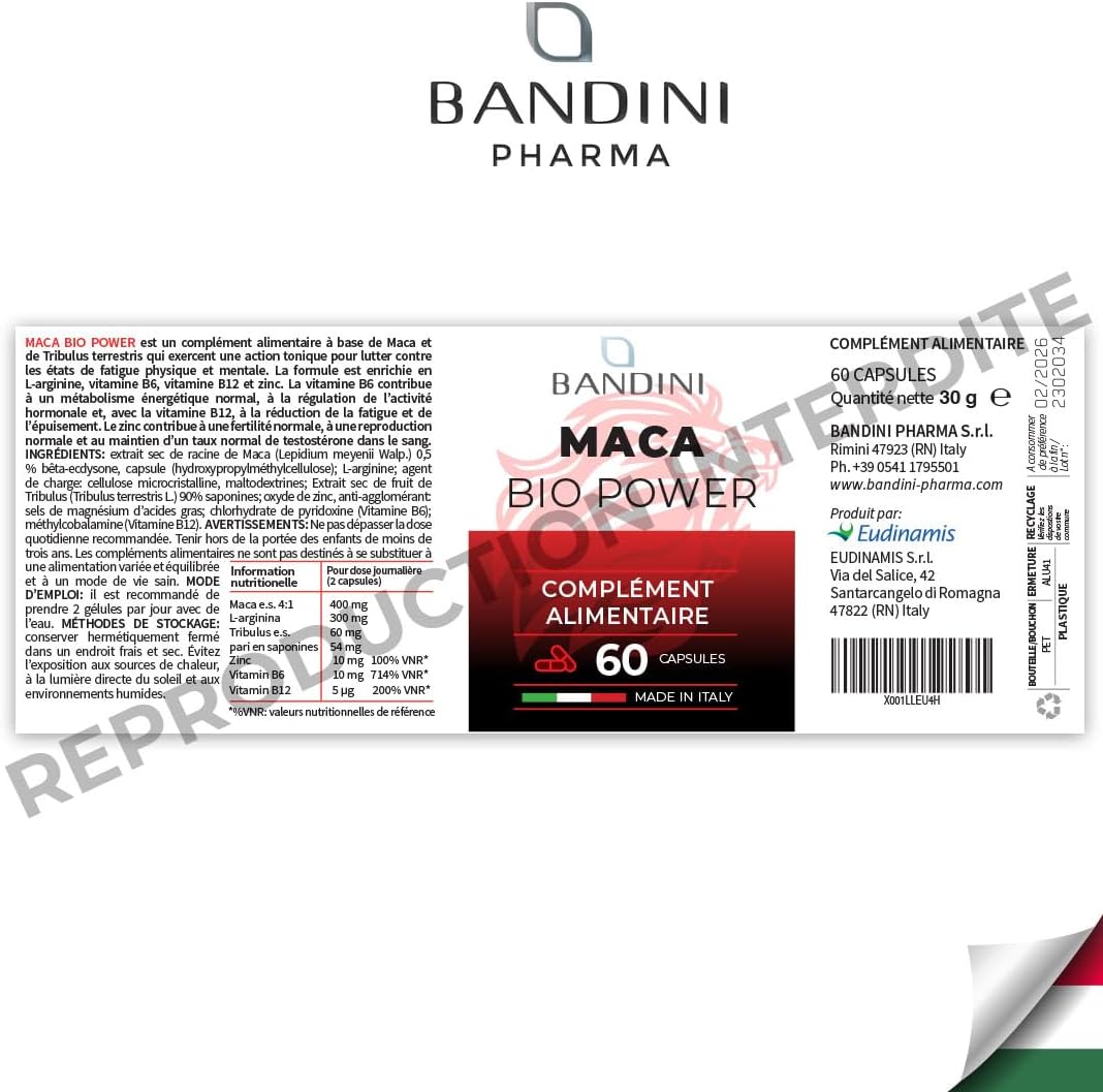 Bandini® MACA POWER 60 Capsules | Food Supplement with Maca & Tribulus Terrestris with Arginine + Zinc + B6 + B12 | Stress, Immune System, Physical and Mental Fatigue | Non-GMO - Image 8