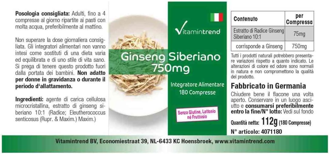 Siberian Ginseng 750mg – Vegan and Natural - Box of 180 Siberian Ginseng Extract Tablets | Vitamintrend® - Image 4