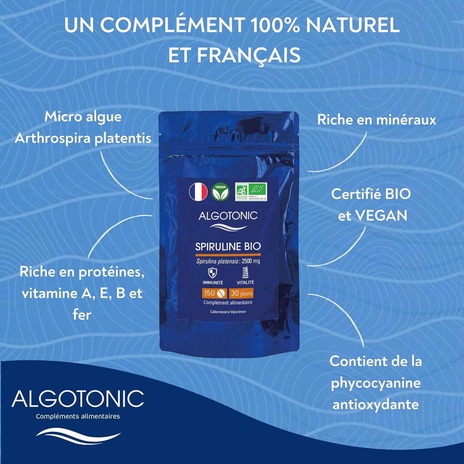 100% PURE ORGANIC Spirulina - 2500 mg per day - 150 tablets - 30 day cure - Phycocyanin - Proteins, Vitamins and Minerals - Strengthens the immune system, vitality and tone - Image 5