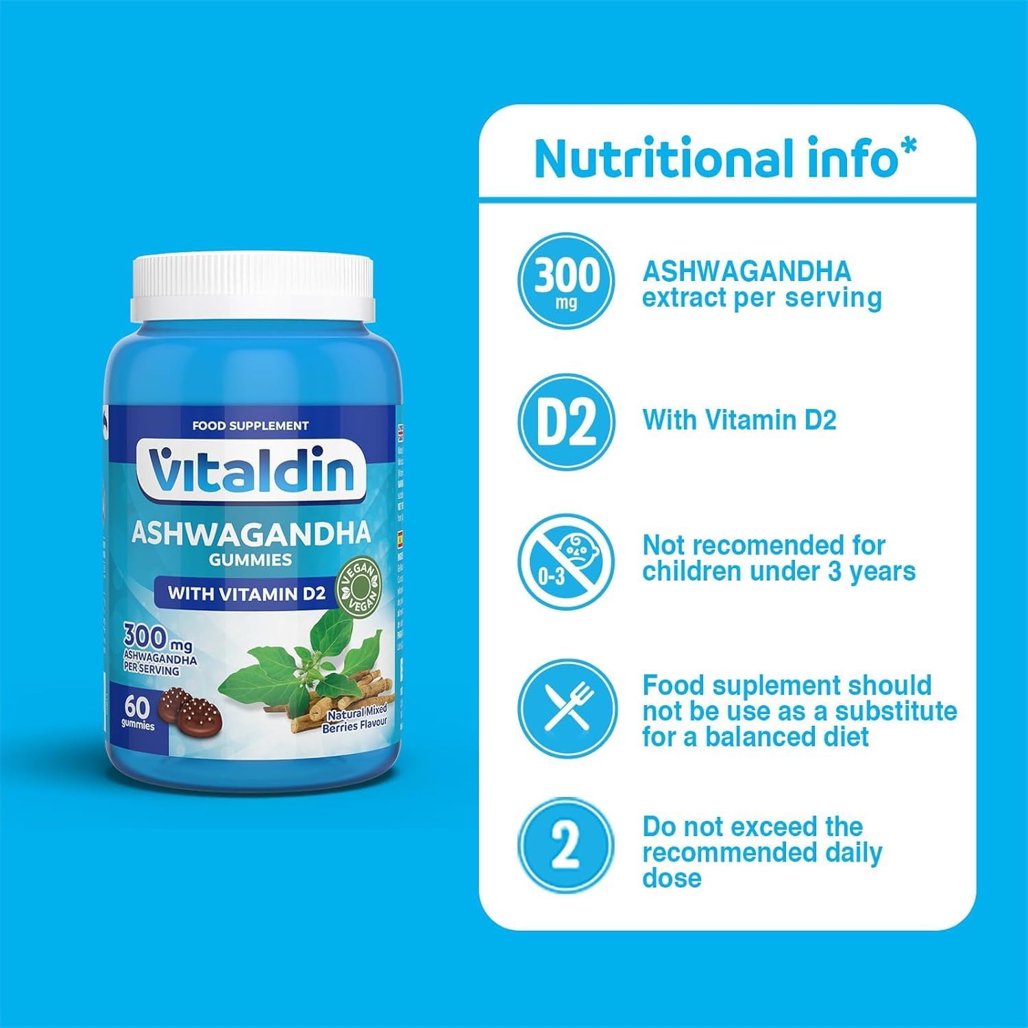 VITALDIN Ashwagandha Gummies – 300 mg Ashwagandha Root Extract KSM-66 & 1,000 IU Vitamin D2 – 60 Gums (for 1 Month) Red Fruit Taste – Adaptogen Anti-Stress; Calm and Relaxation – Vegan - Image 5