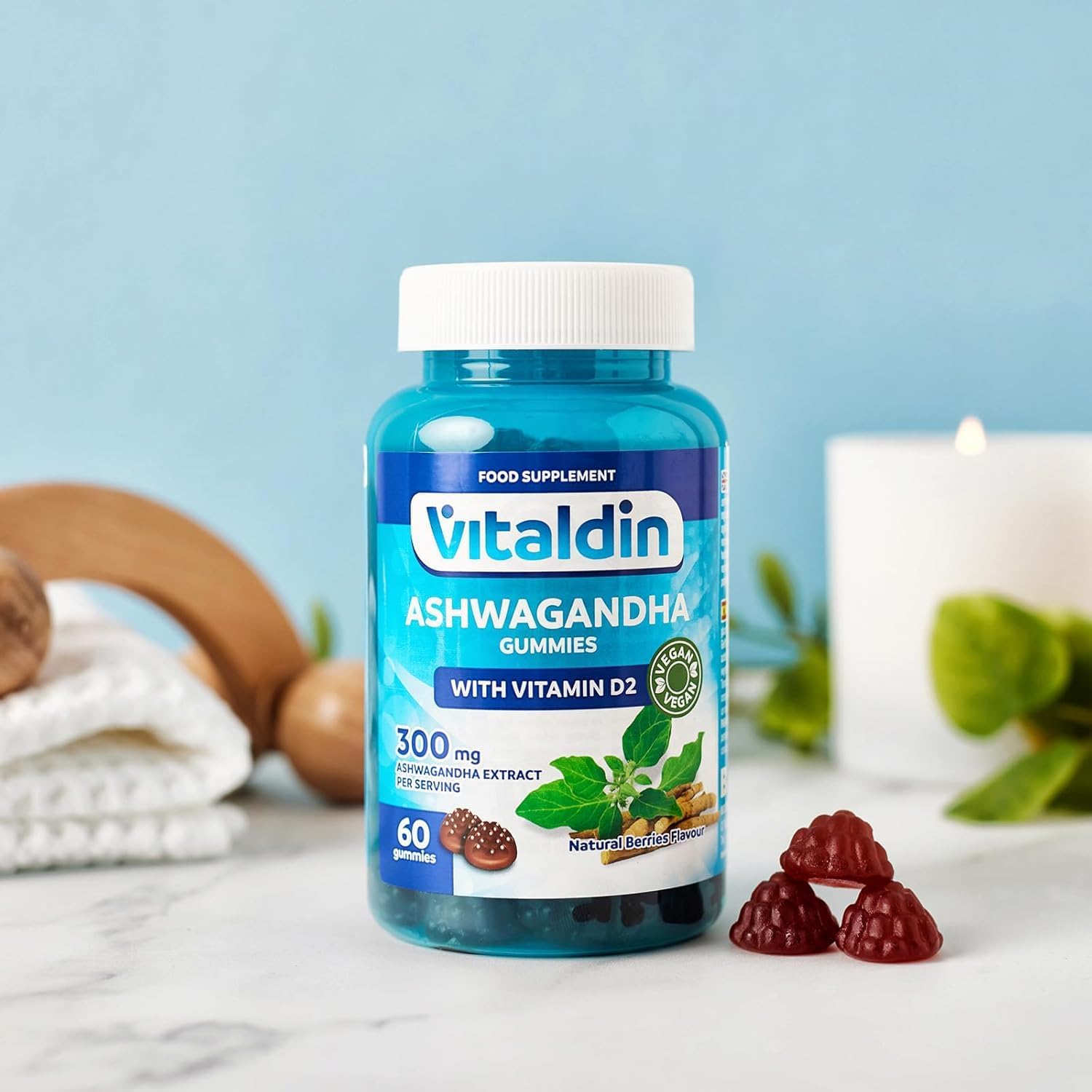 VITALDIN Ashwagandha Gummies – 300 mg Ashwagandha Root Extract KSM-66 & 1,000 IU Vitamin D2 – 60 Gums (for 1 Month) Red Fruit Taste – Adaptogen Anti-Stress; Calm and Relaxation – Vegan - Image 6