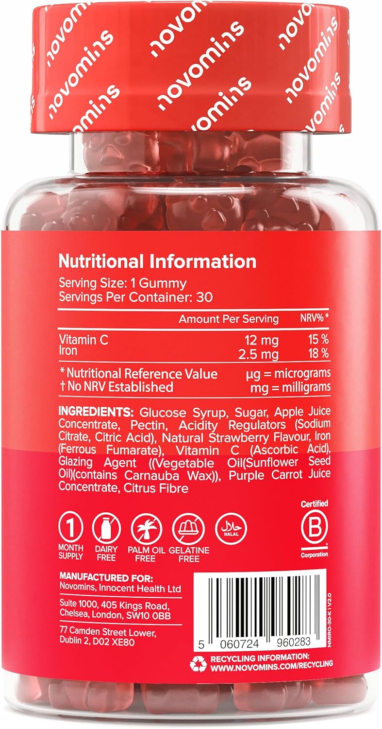 Iron Gummies Child - 2.5mg Iron + Vitamin C 12mg - Immunity, Growth, Fatigue - Vegan, Gluten Free, Gelatin Free - 30 Erasers Strawberry Flavour - Chewable Supplement - Novomins - Image 3