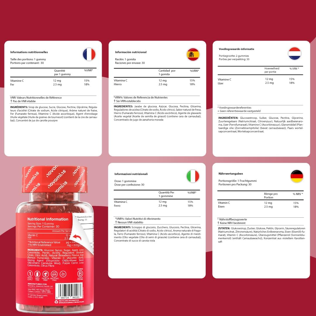 Iron Gummies Child - 2.5mg Iron + Vitamin C 12mg - Immunity, Growth, Fatigue - Vegan, Gluten Free, Gelatin Free - 30 Erasers Strawberry Flavour - Chewable Supplement - Novomins - Image 11