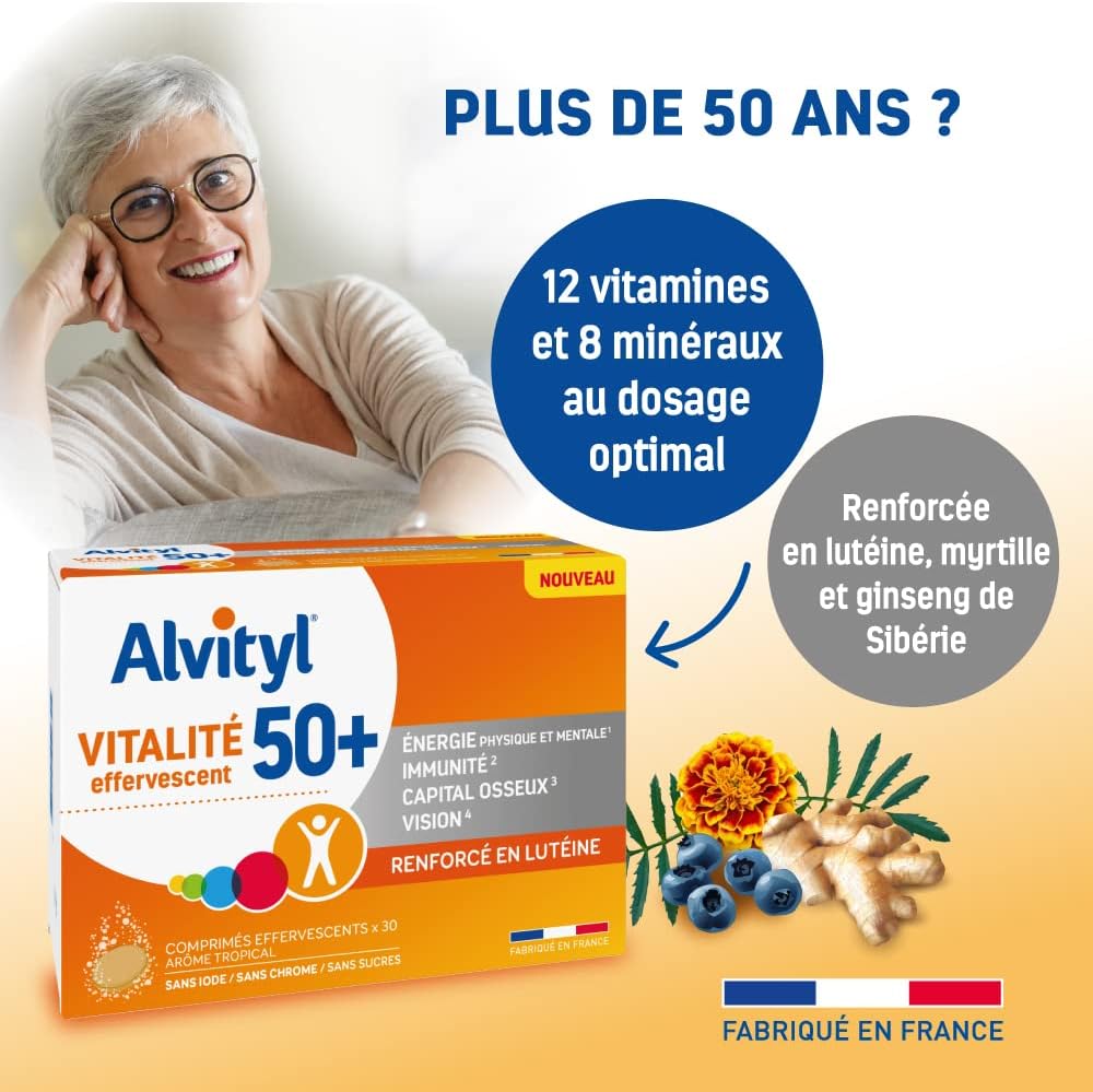 Alvityl - Vitality 50 + Effervescent tablets, tropical taste - 12 vitamins, 8 minerals, 2 plants and lutein - From 50 years old - 30 effervescent tablets - Image 4