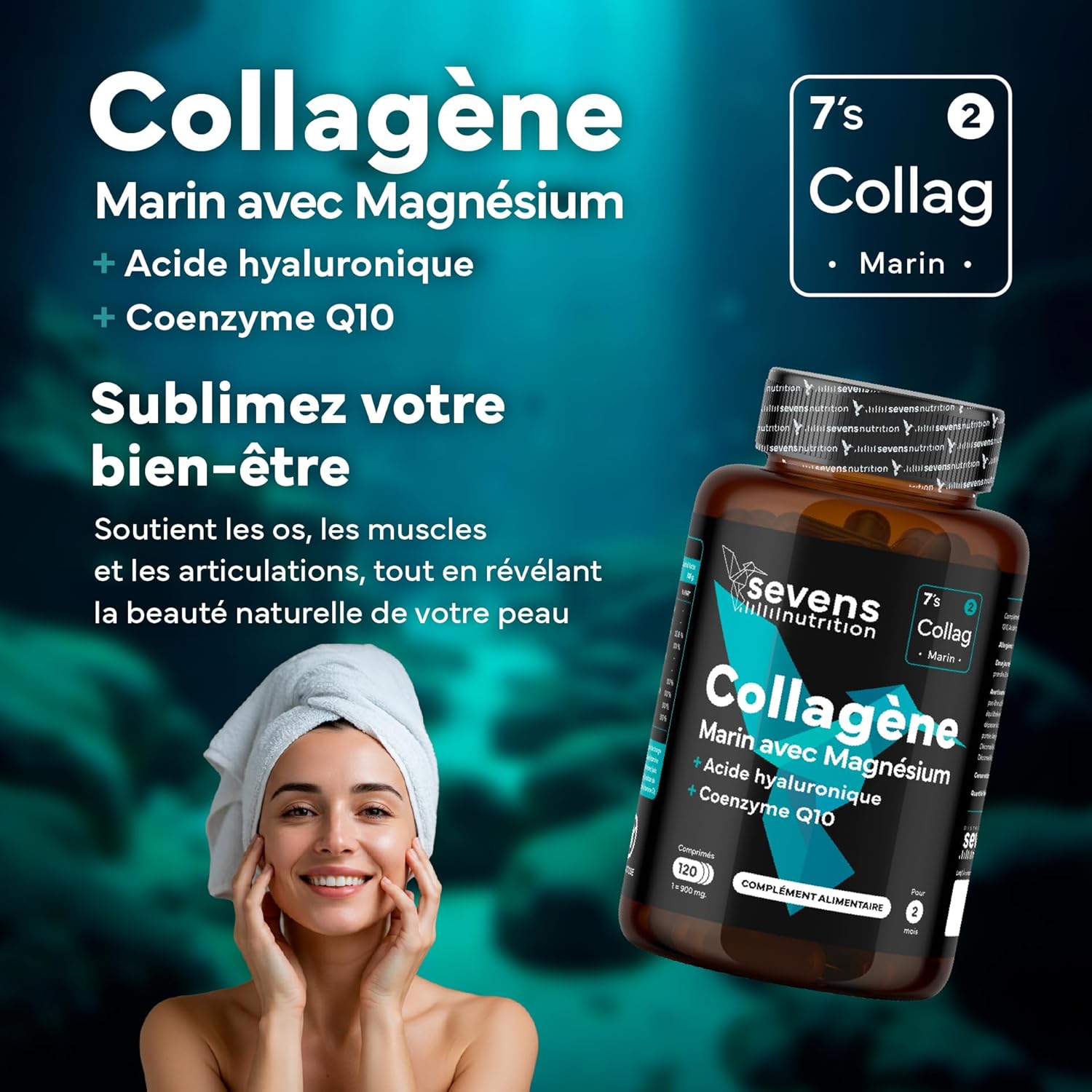 Hydrolyzed Marine Collagen with Magnesium Hyaluronic Acid Coenzyme Q10 - 120 Capsules - Skin Bone Joints - Vitamins A C D3 B12 Zinc - High Absorption - Sevens - Image 3