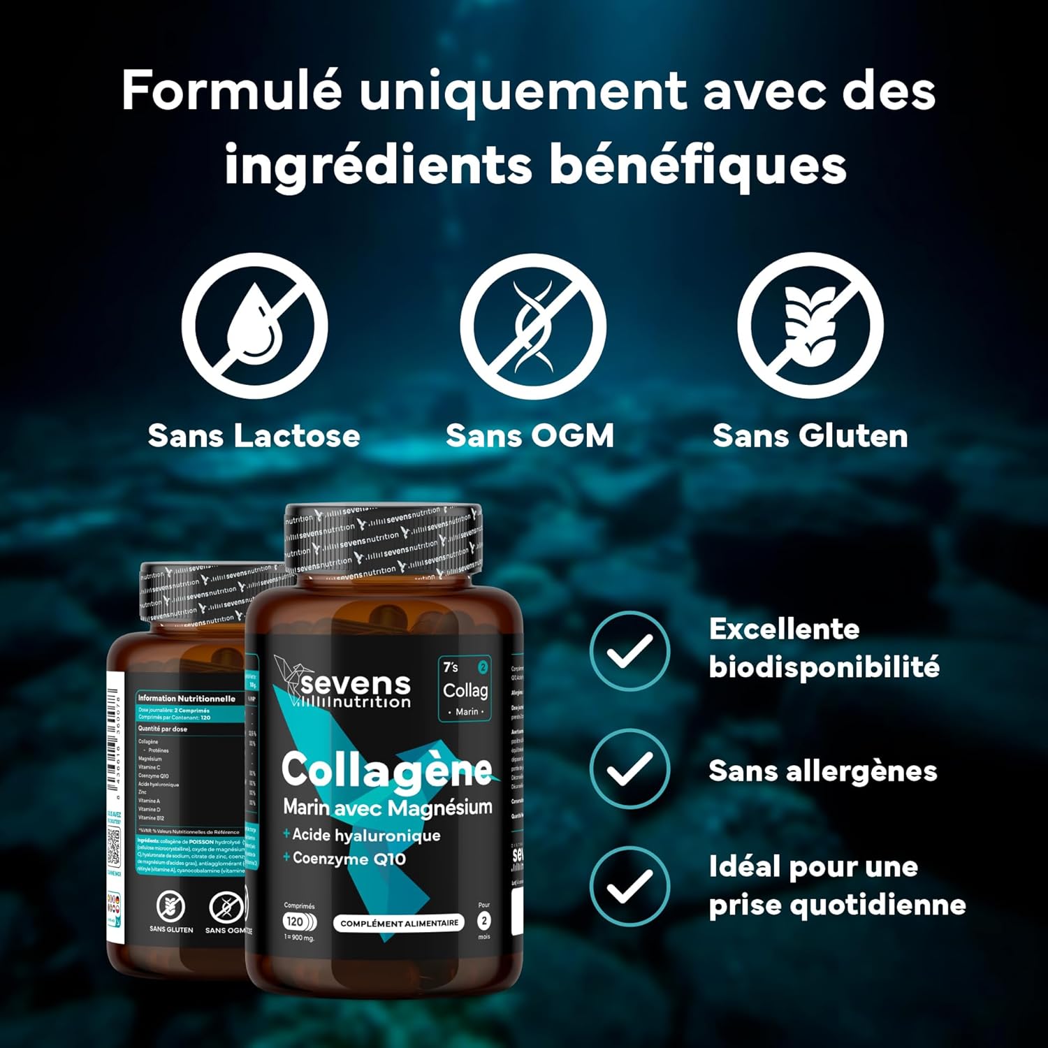 Hydrolyzed Marine Collagen with Magnesium Hyaluronic Acid Coenzyme Q10 - 120 Capsules - Skin Bone Joints - Vitamins A C D3 B12 Zinc - High Absorption - Sevens - Image 5