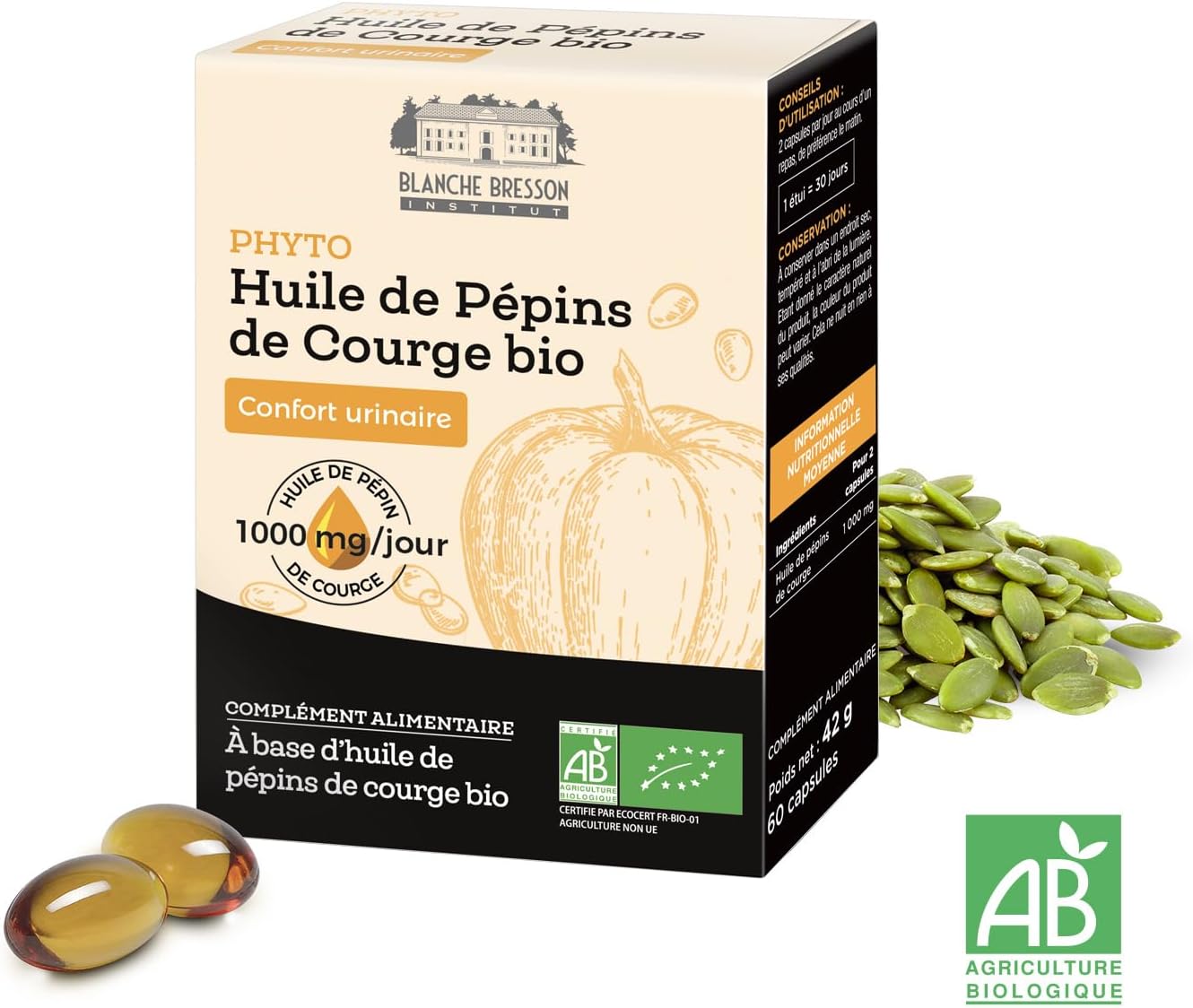 BLANCHE BRESSON - Organic Squash Seed Oil - Men's Urinary Comfort, Flow & Prostate Volume, Decreased Urine Flow - 60 Capsules - 30 Day Treatment - Made in France - Image 9